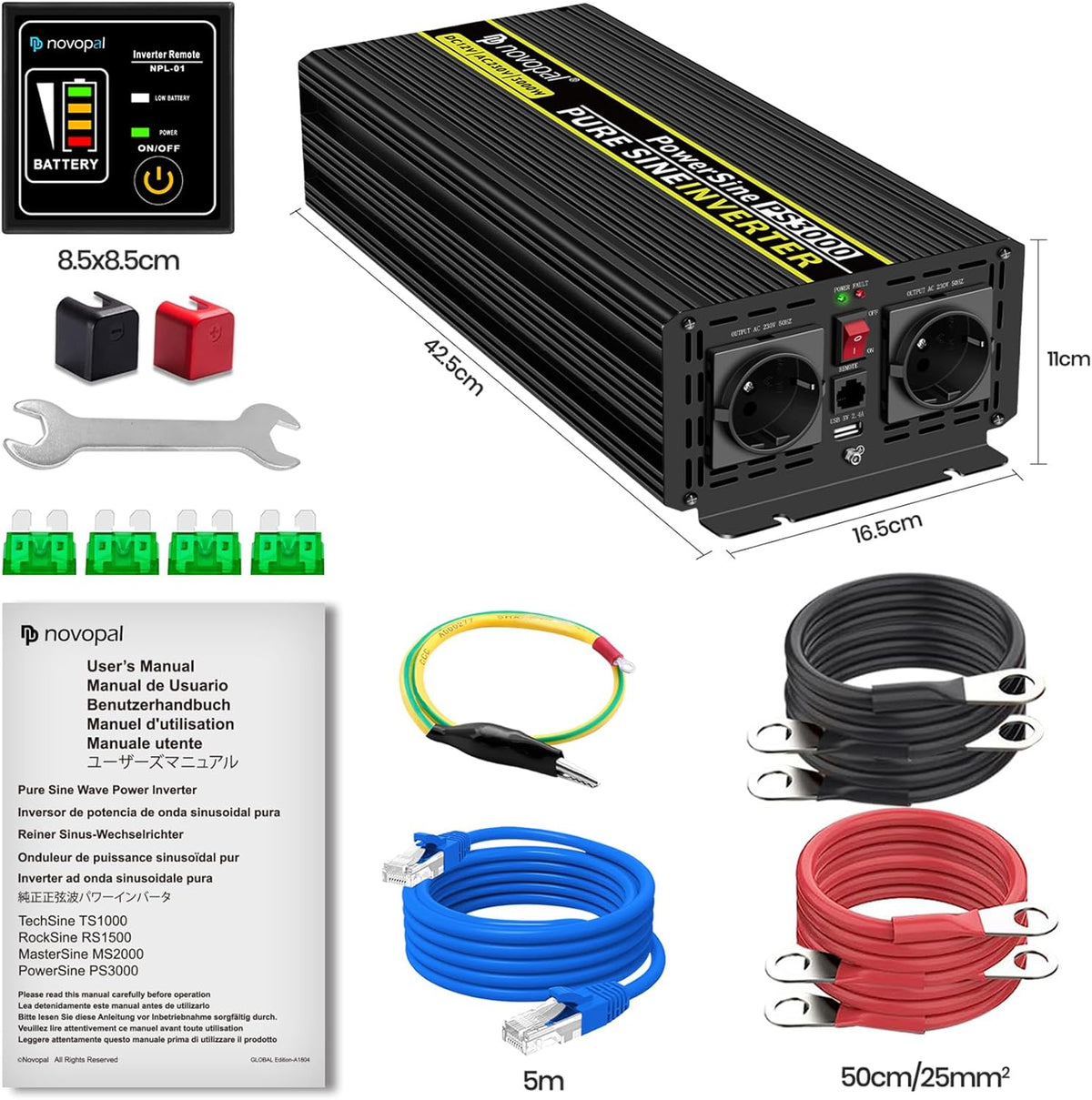 <font dir="auto" style="vertical-align: inherit;"><font dir="auto" style="vertical-align: inherit;"> novopal Power Inverter Pure Sine Wave - 3000 Watt 12V DC to 230V/240V AC Converter - 2 AC EU Outlets Car Inverter with Dual USB Ports - 5 Meter Rem