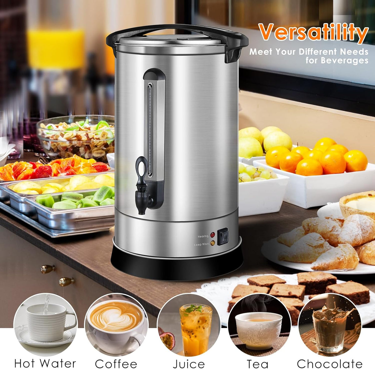 Homtone Gastro Koffiezetapparaat met rond filter, 120 kopjes/18 l, dubbelwandig, groot, roestvrij staal, industrieel koffiezetapparaat met tapkraan, voor feest, warmwaterdispenser voor koffie, thee