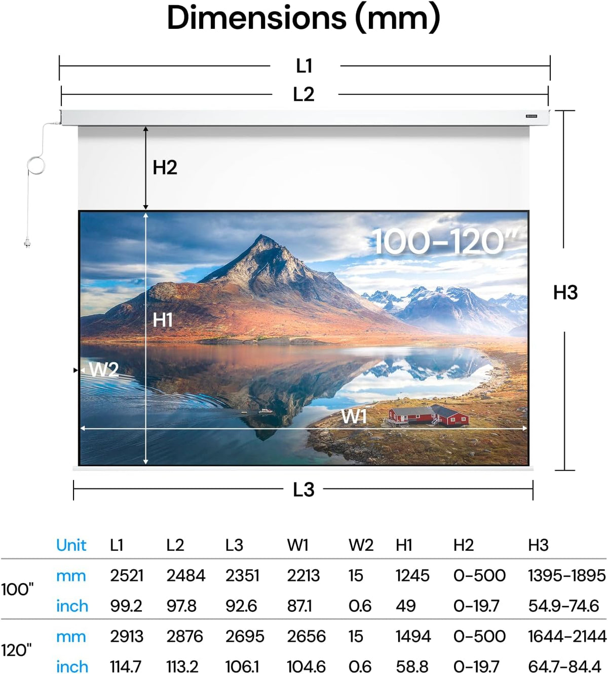 100 inch gemotoriseerd projectorscherm, mat wit, zero-speckle, stil en glad afrolbaar voor thuisbioscoop