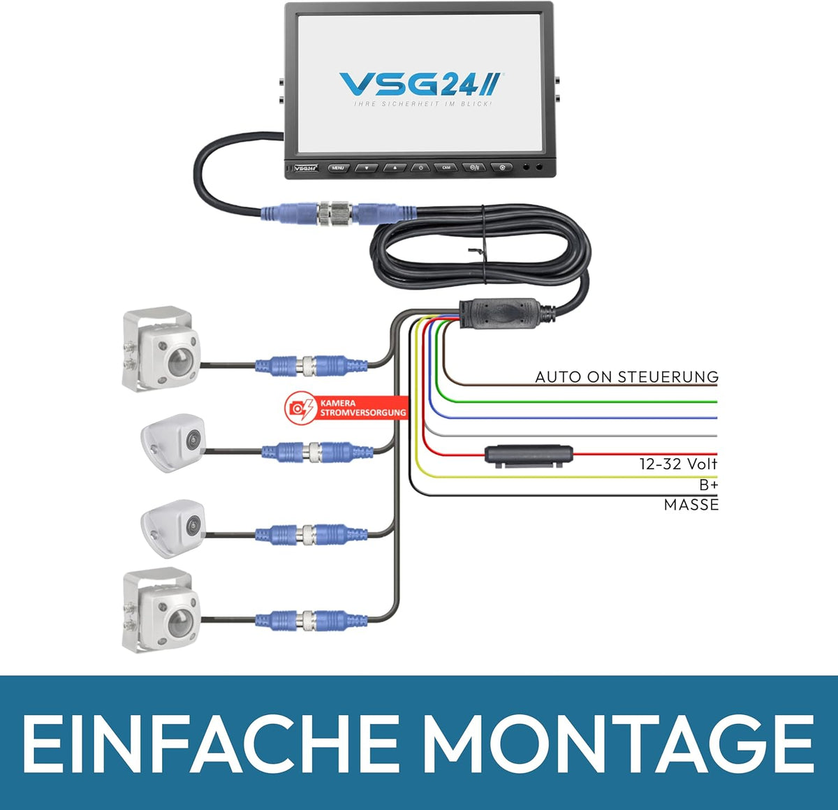 VSG24 7"professionele achteruitrijmonitor / 12-24 volt/afstandslijnen/spiegelend beeld / 2 video-ingangen/off-vertraging/e-goedkeuring/camerastroomvoorziening/elect-serie 22D. 10" QUAD Rückfahrmonitor
