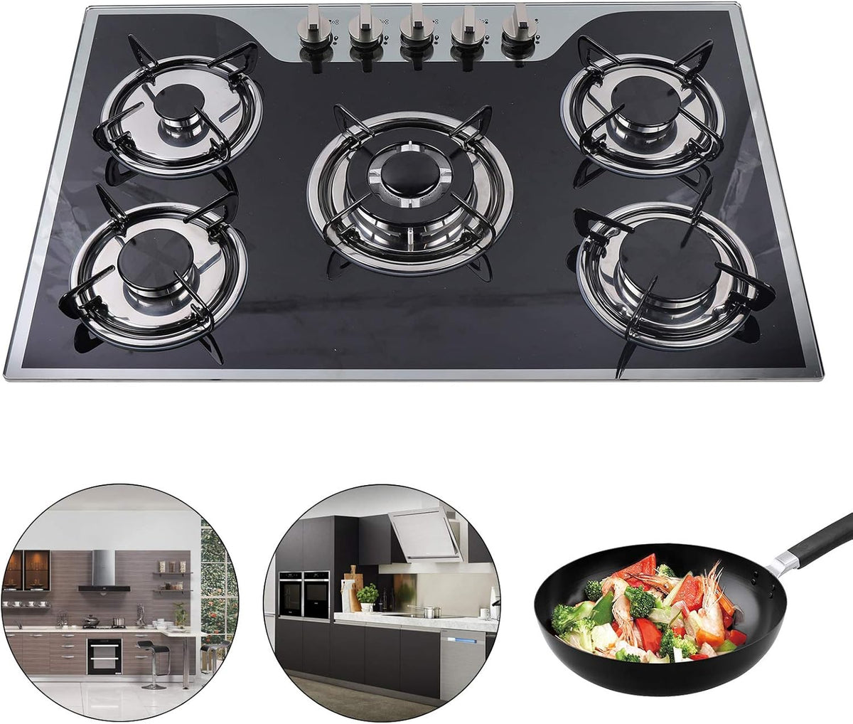 5 Burner Gas Hob Cast Iron Hob Lpg Ng Hob + Stainless Steel Water Bowl Kitchen Appliance Tempered Glass Top Built in for a Variety of Kitchen Cooks Automatic Pulse Ignition - QUORE