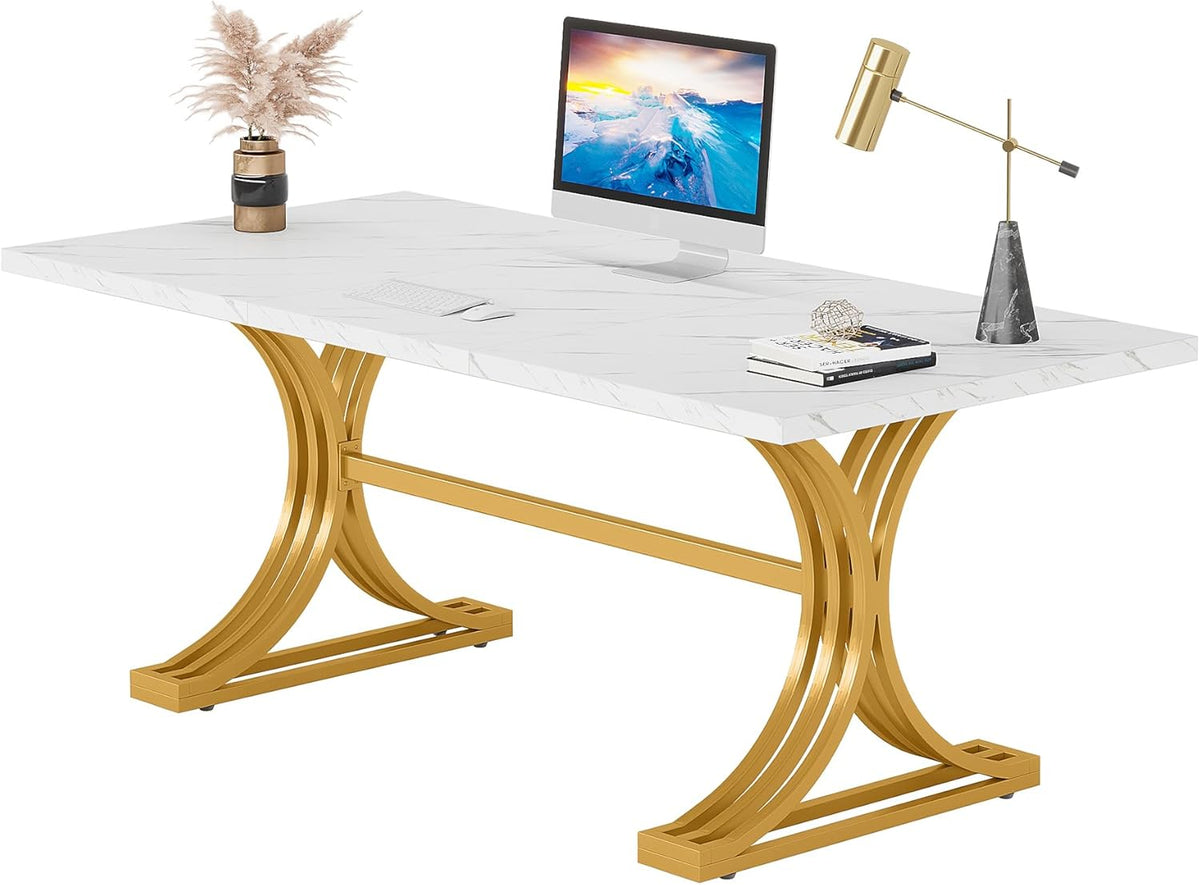 Tribesigns 160cm Large Desk, Modern Rectangle Executive Desks with Stylish Gold Legs, Wooden Faux Marble Desk, Business Furniture Work Desk for Home Office, White and Gold