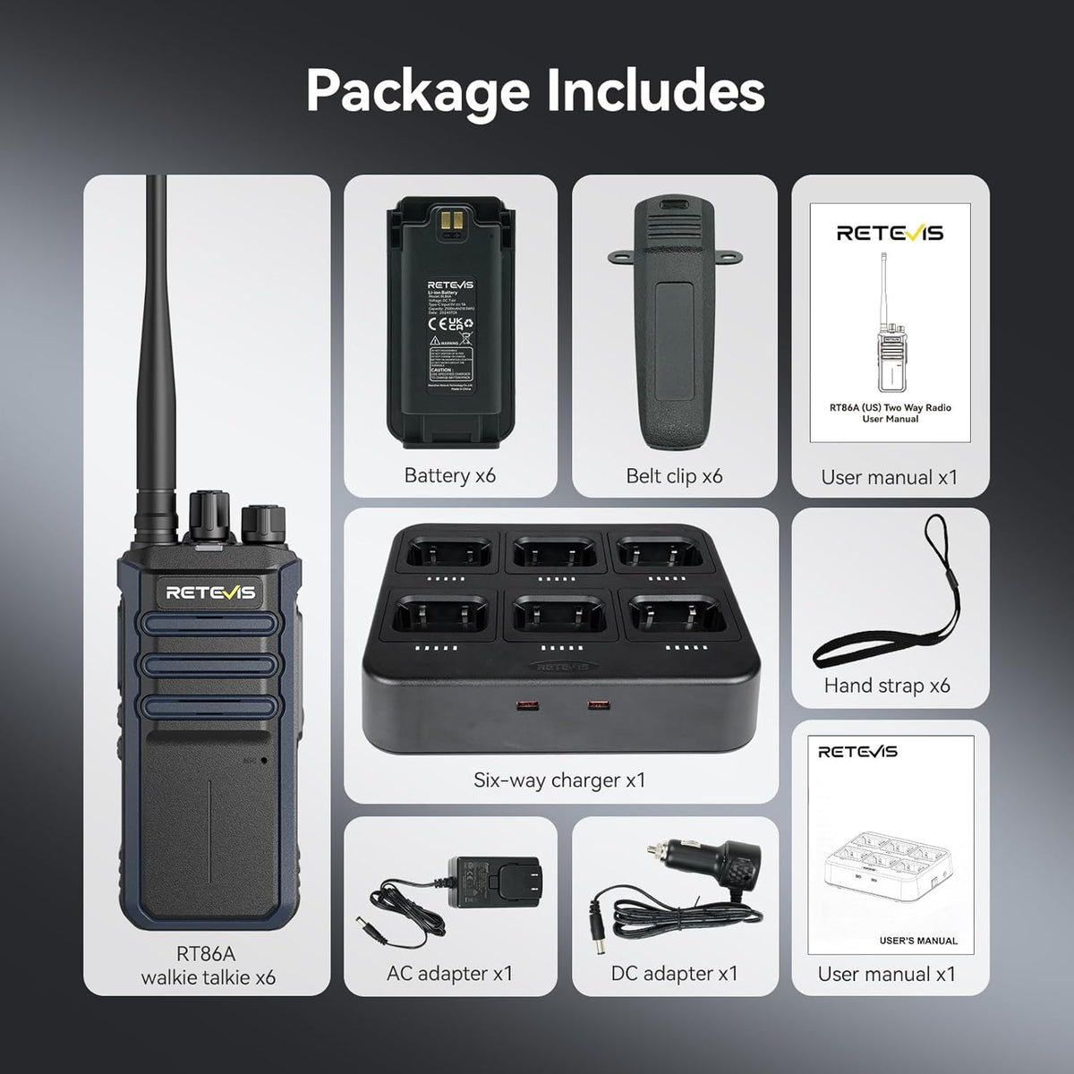 Retevis RT86A Portofoons met Groot Bereik voor Volwassenen met 6-Voudige Oplader, 2500 mAh-Batterij, Groepsgesprek, Robuuste Portofoon voor Zakelijk Gebruik (6-Pack, Zwart)