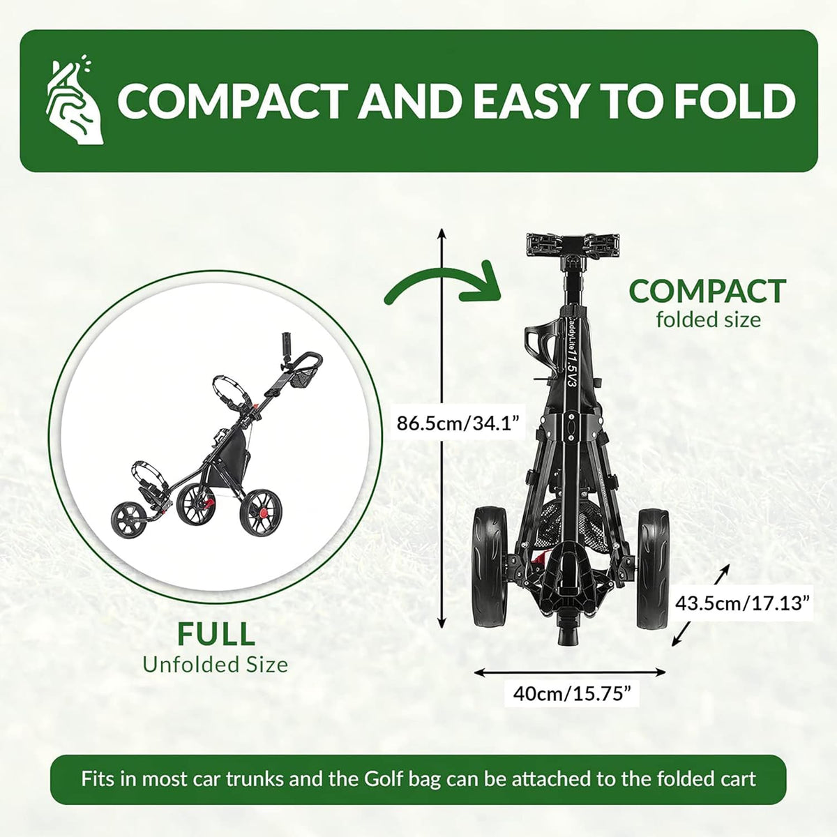 Golfduwwagen – Golftrolley – Golfkar – Golfkarretje – Push Cart – 3-wielig, Lichtgewicht – Compact Inklapbaar