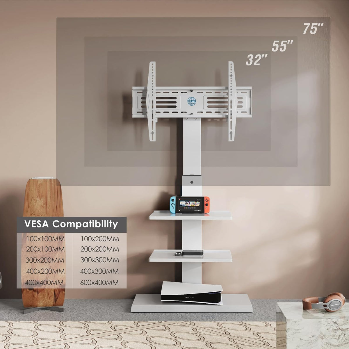 Vloer TV standaard – TV standaard – TV vloerstandaard – TV stand – Vloermodel TV standaard – 32-75 inch, draaibaar, kantelbaar en in hoogte verstelbaar – Max. draagkracht 40 kg, VESA 200x200-600x400 mm, wit