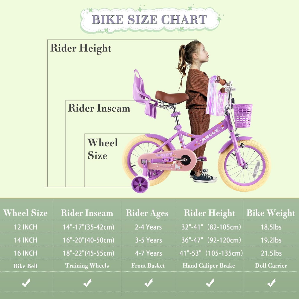 RULLY 16 inch kinderfiets voor meisjes van 4, 5, 6, 7 jaar, met steunwielen en handrem voor, kinderfiets met mand, fiets, streamer, peuterfiets, paars