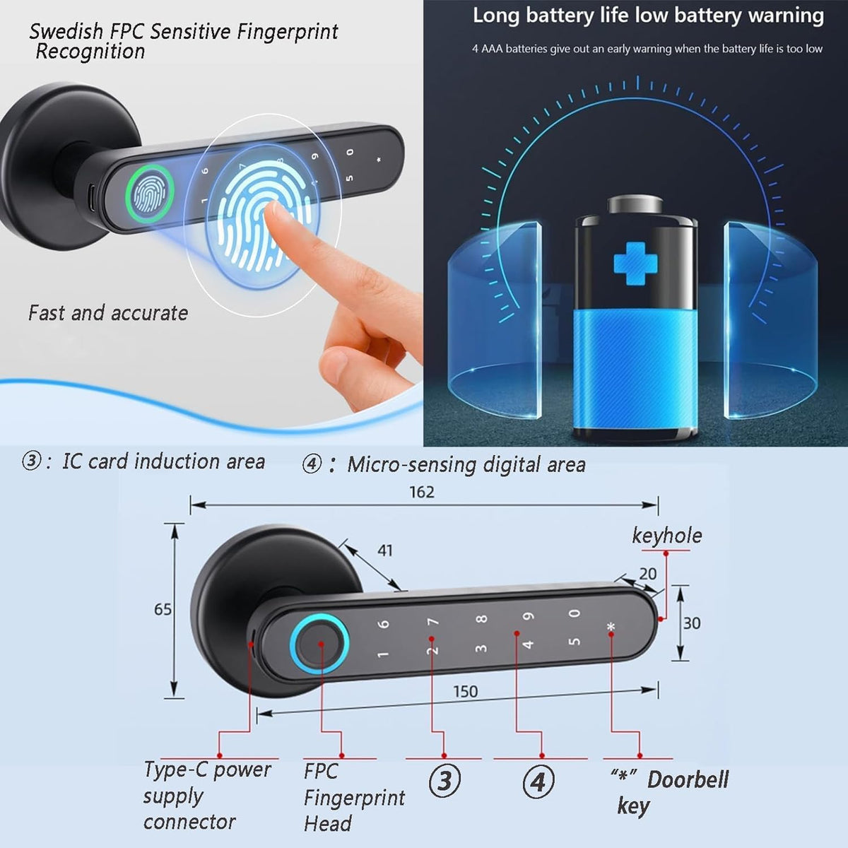 Deurgreep met vingerafdruk, elektronisch slot met touch-toetsenbord, intelligent slot met touch-toetsenbord en smartfuncties, voor toegangsdeur, huis, kantoor, woning