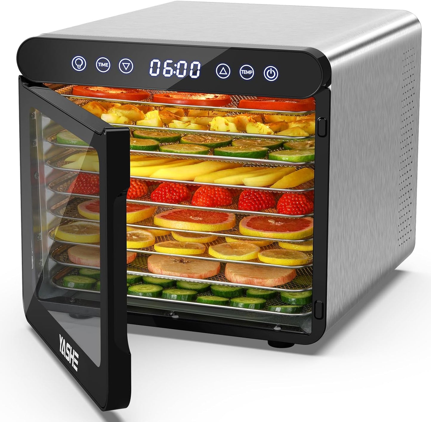 YASHE Roestvrijstalen droogautomaat met digitale besturing (temperatuur tot 75 °C, timer tot 48 uur), 9 plateaus voor groenten en fruit, ventilator aan de achterkant voor 360° luchtcirculatie, 800 W