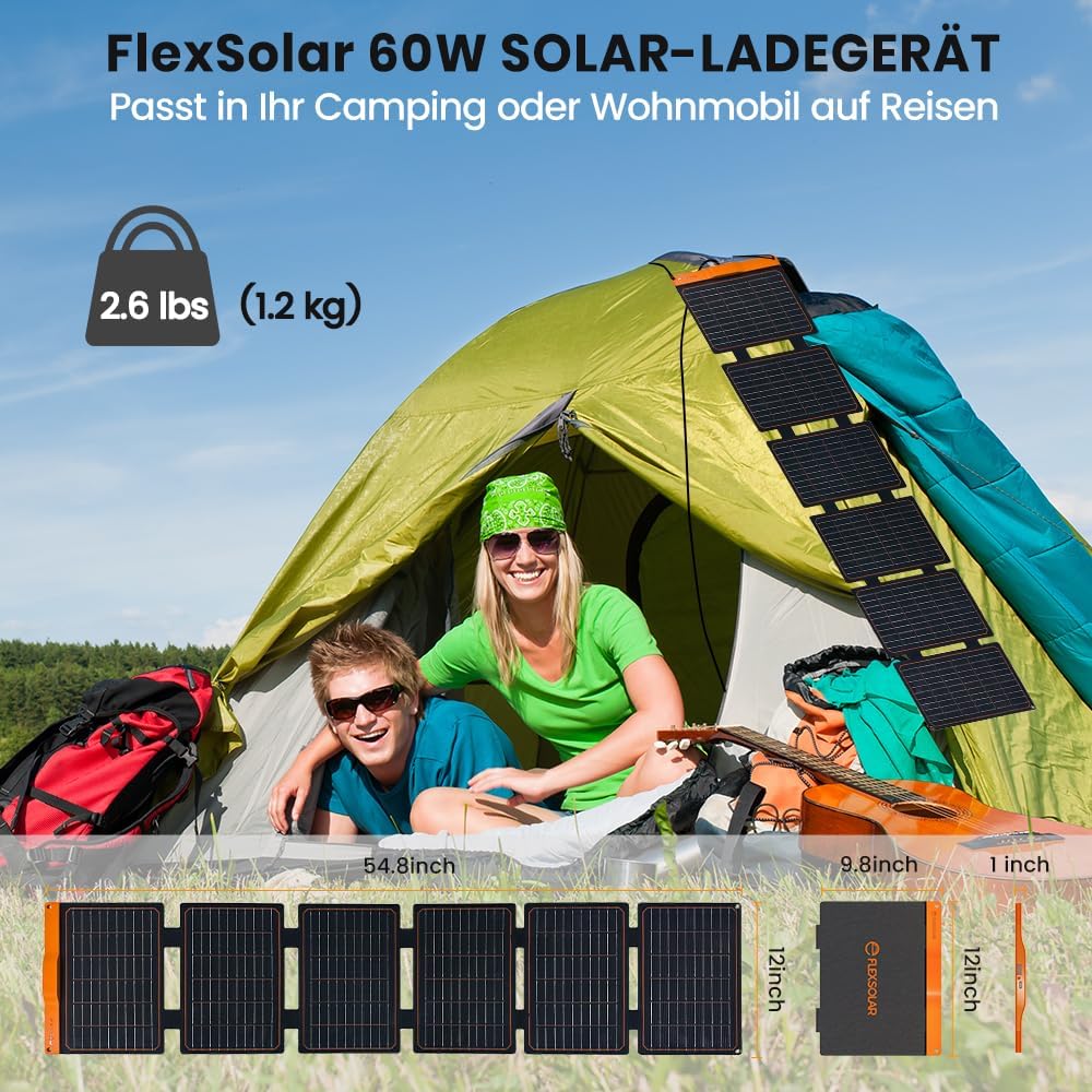 FlexSolar Zonnepaneel, 2 stuks, 60 W, draagbare opvouwbare zonne-oplader, IP67 waterdicht, noodstroomcamping, geschikt voor kleine generatoren, telefoons, mobiele energiebanken