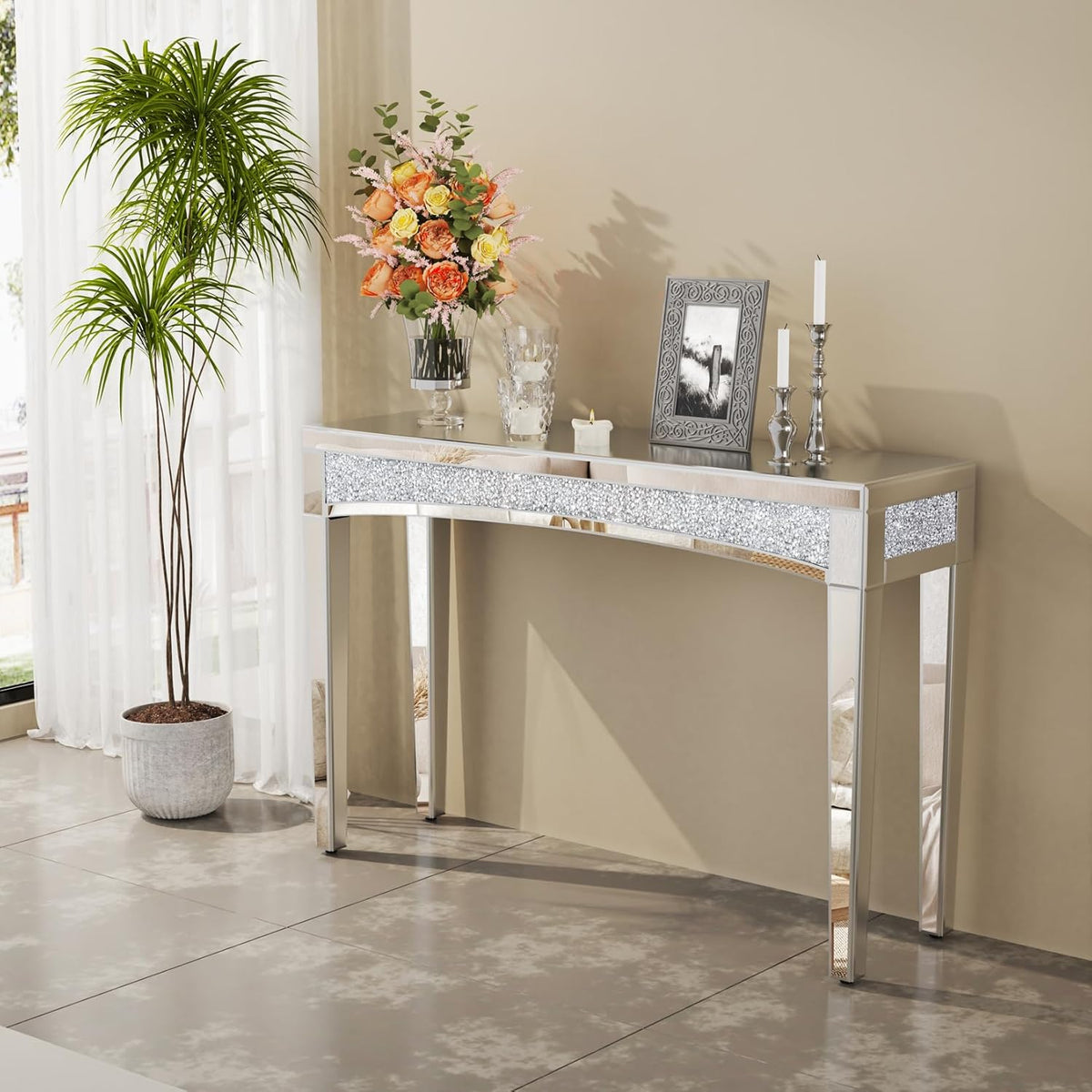 Consoletafel met spiegeloppervlak: 120 x 35 x 80 cm, moderne zilveren haltafel van glas met glanzende diamanten, luxe decoratie voor hal, kaptafel, woonkamer, slaapkamer