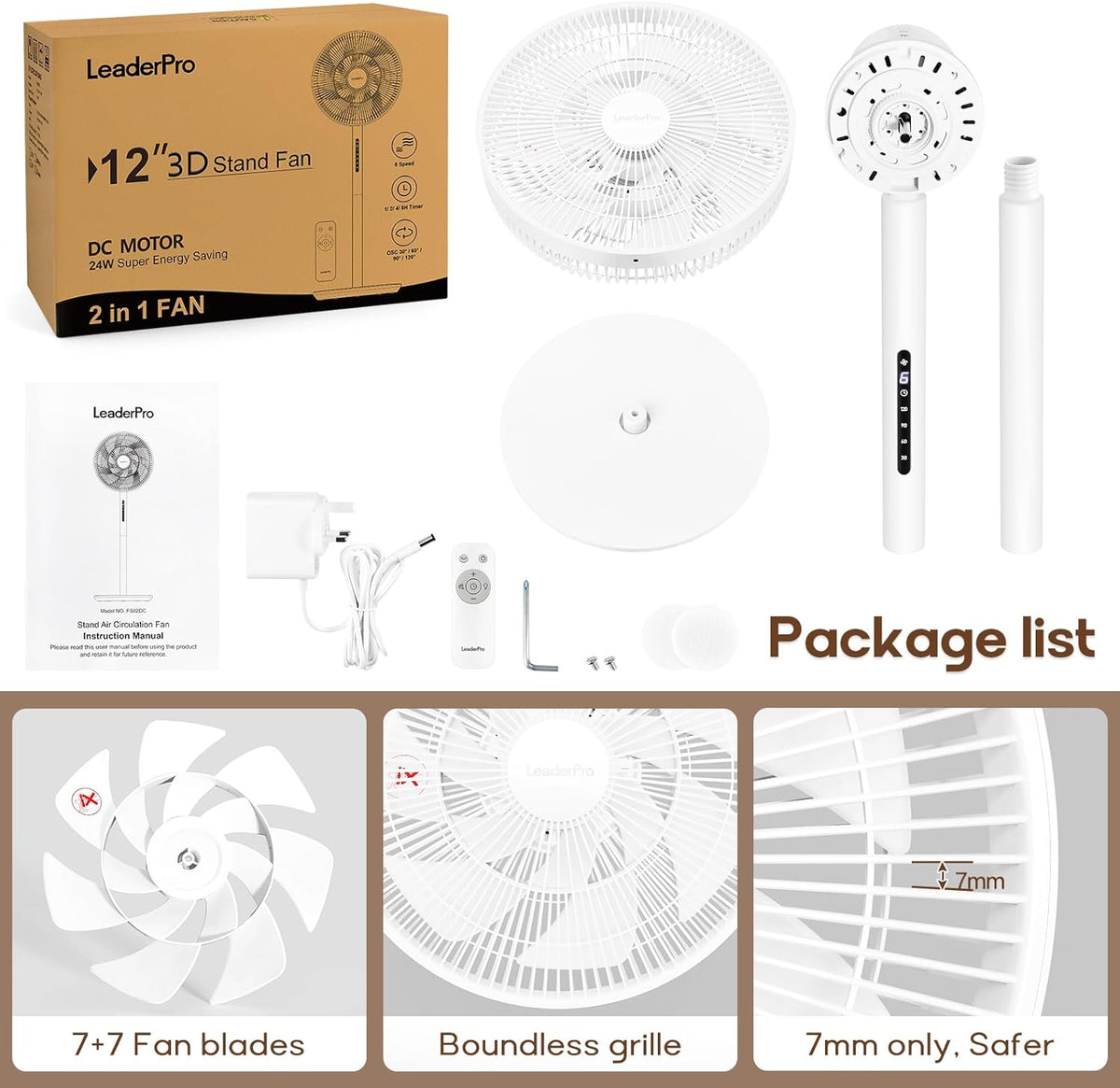 LeaderPro 12,8 dB Stille Staande Ventilator, 1980 m³/h Luchtvolume, 120° Oscillatie, 90° Handmatige Verticaal, 8 Snelheden, DC Motor, Afstandsbediening, LED Display, 8U Timer, Hoogte Verstelbaar, Wit