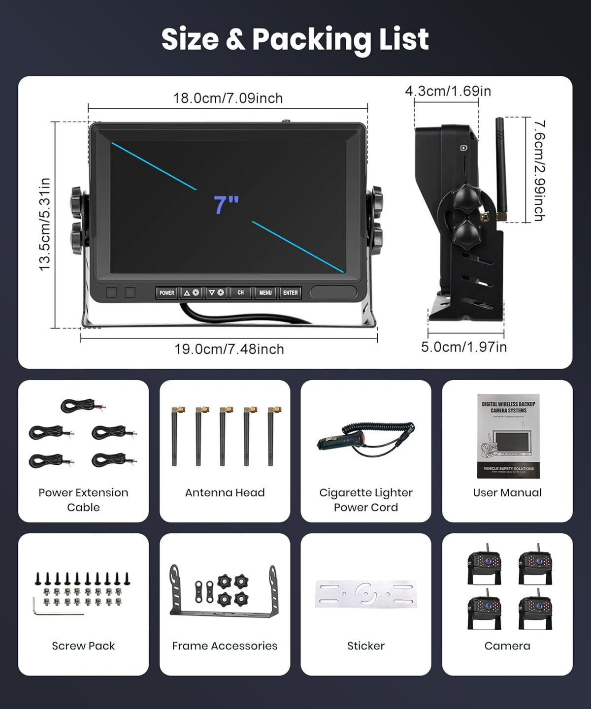 Podofo 4 * Draadloze achteruitrijcamera met 7 inch monitor, IP69 Achteruitrijcamera Waterdichte Groothoek Nachtzicht voor RV / Caravan/LKW, Video Looping, Handmatige Vergroting