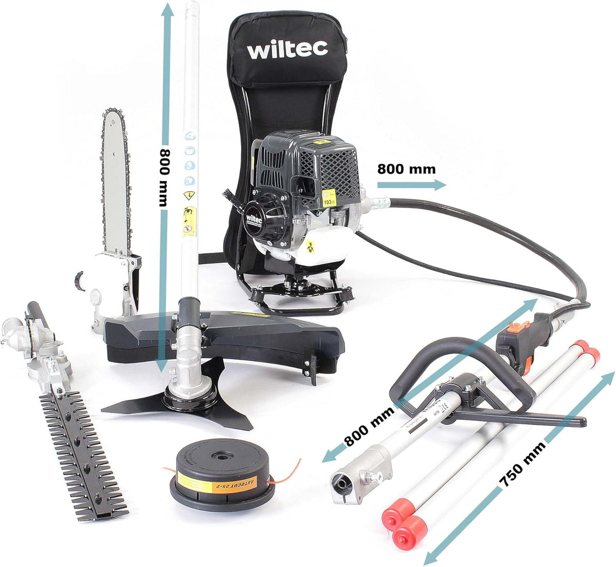 Wiltec 4-in-1 multitool voor tuinonderhoud met 4-takt motor incl. verlengstuk o.a. heggenschaar, snoeischaar