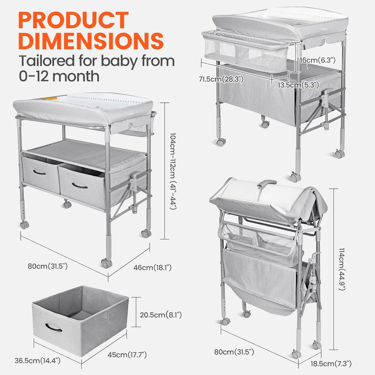 Orzbow Draagbare Baby Luiertafel met Laden en Nachtlampje, in Hoogte Verstelbaar Babyverschoontafel met Veiligheidsgordel, Opvouwbaar en Mobiel Verzorgingstafel, Ruime Opbergruimte, Grijs