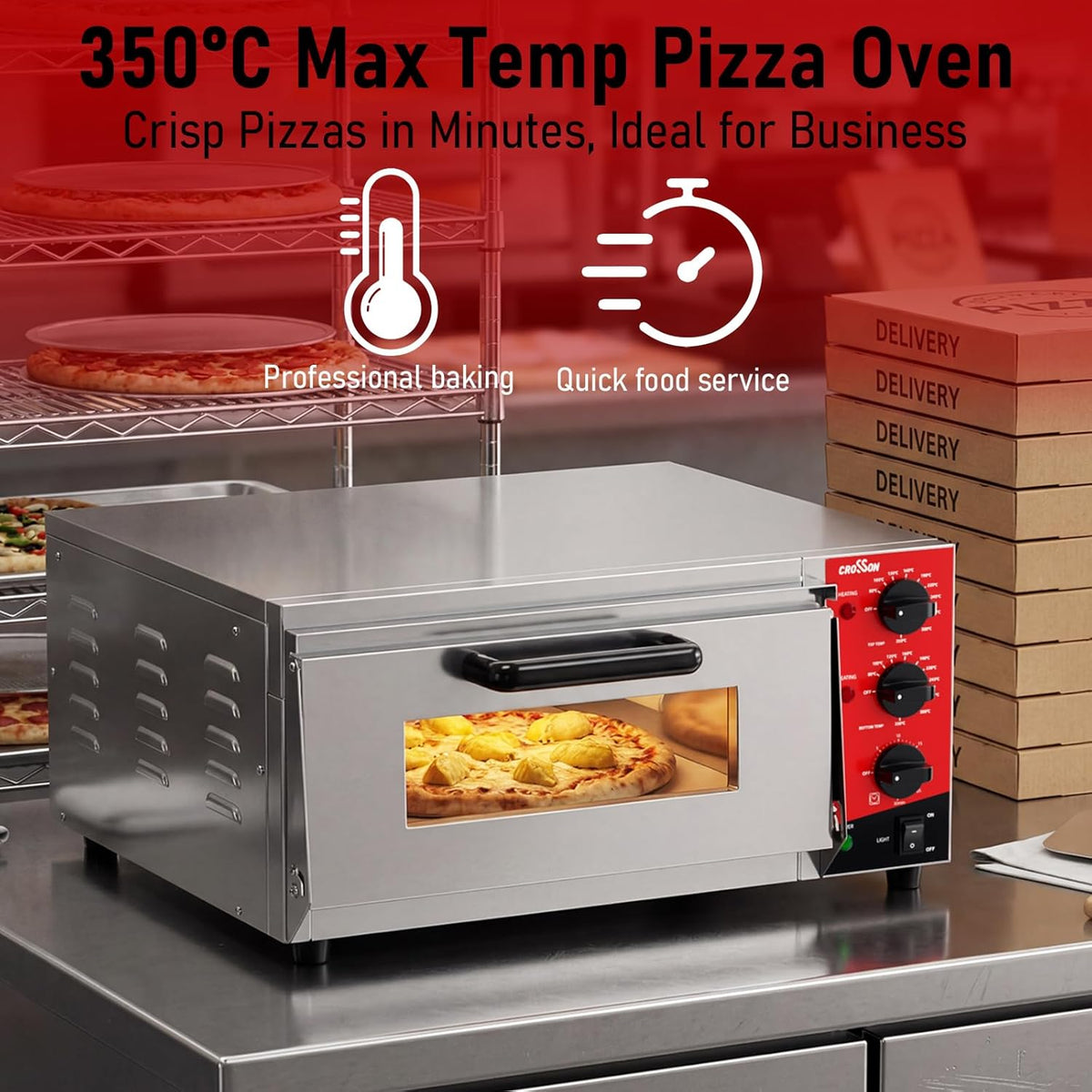 CROSSON Professionele Elektrische Pizzaoven,230V/2000W Commerciële Pizzaoven Roestvrij Staal 16 Inch met Steen voor Binnen,Restaurant,Keuken