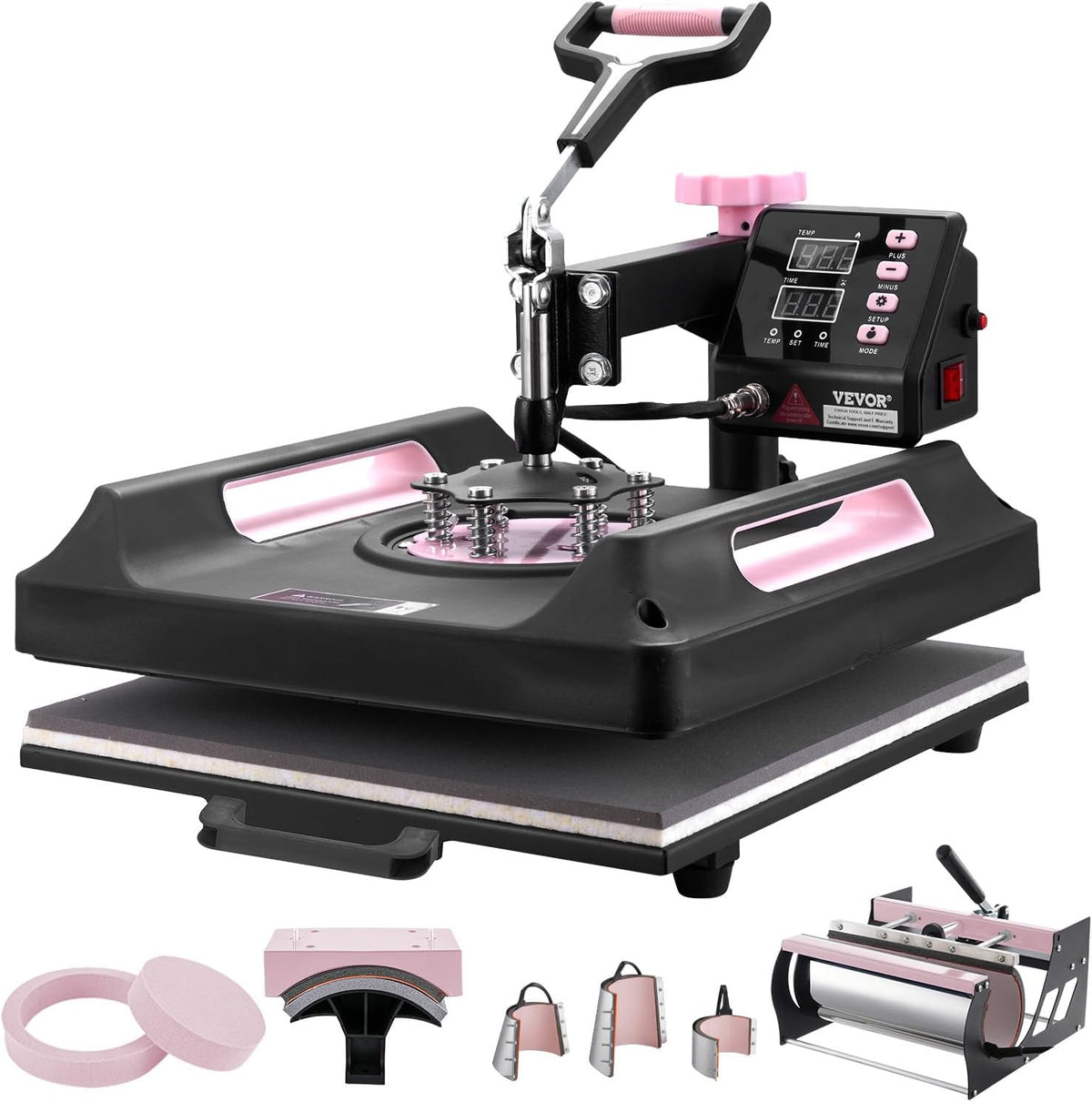 VEVOR Pro 15 x 15 warmtepers met 850 ml tuimelaarbevestiging, 8in1 combobeker hoed warmtepers voor T-shirts, tuimelaars, glazen blikjes, mokken, hoeden en borden (zwart en roze)