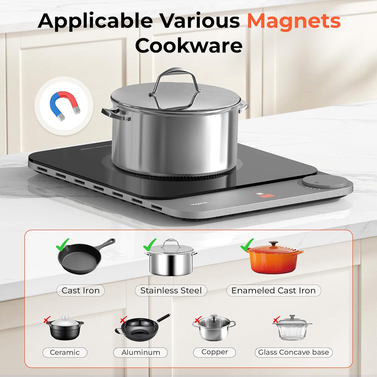 TOKIT Inductie Cooker Inductiekookplaat automatische panherkenning 2100 W 1-knops bediening 16 mm ultradun Sous-Vide kristaloppervlak anti-kras-grijs