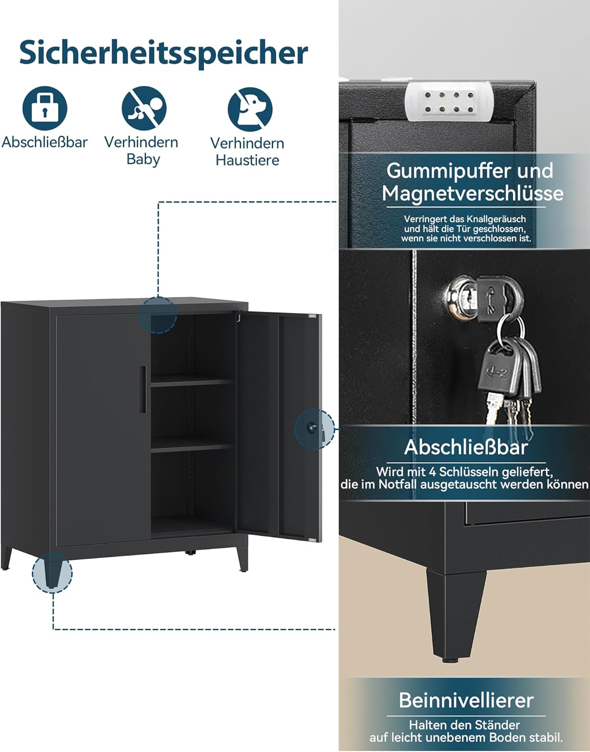Dossierkast, afsluitbare garagekast, 2-laags kantoorkast, werkplaatskast met verstelbare planken, voor kantoor, garage en huishoudkamer, 40 x 80 x 100 cm, Zwart