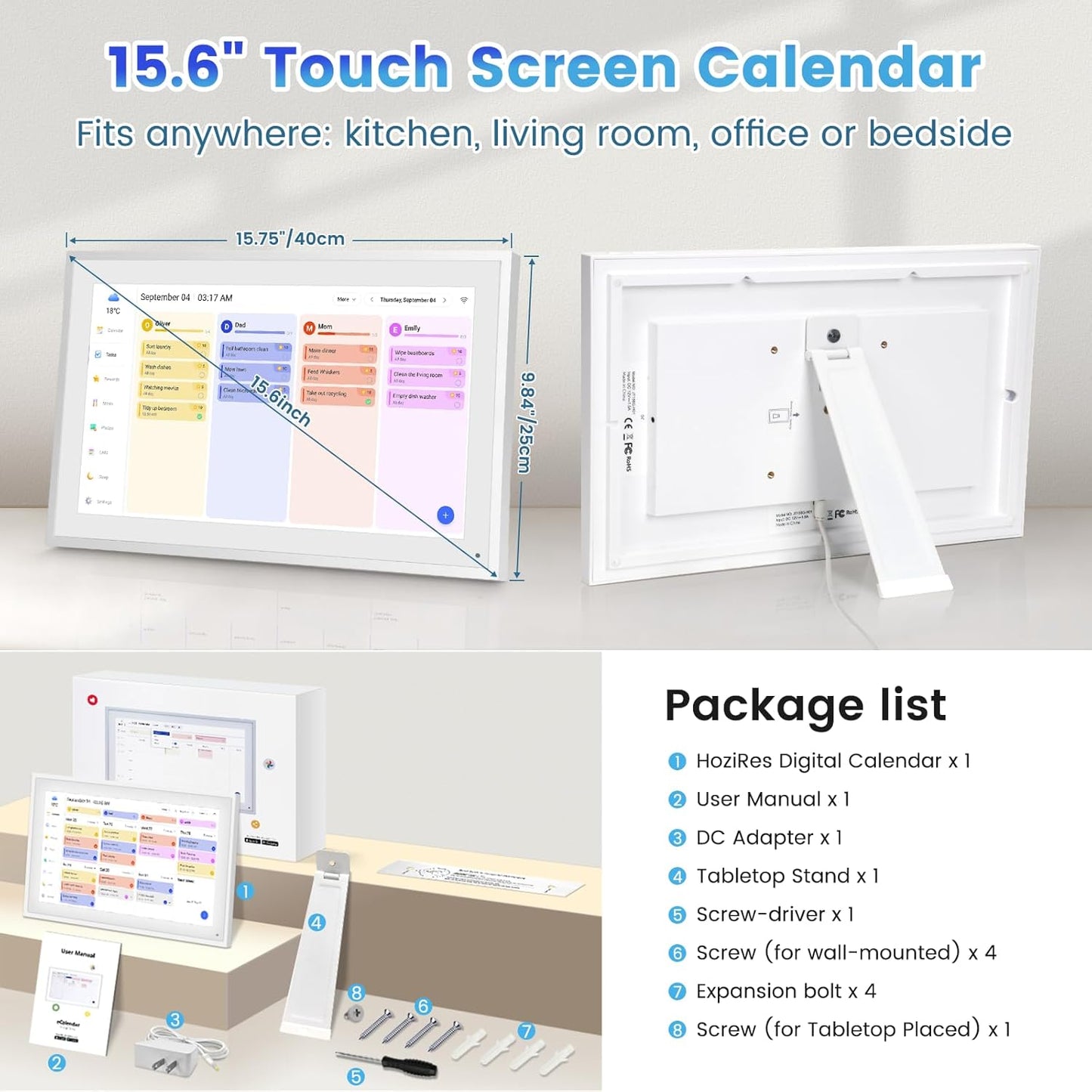 Digital Calendar, 15.6 Inch Smart Calendar & Chore Chart, 1920x1080 IPS Touchscreen Display for Family Schedule, Sync Schedules & Share Moments via App from Anywhere - Wall Mounted & Tabletop