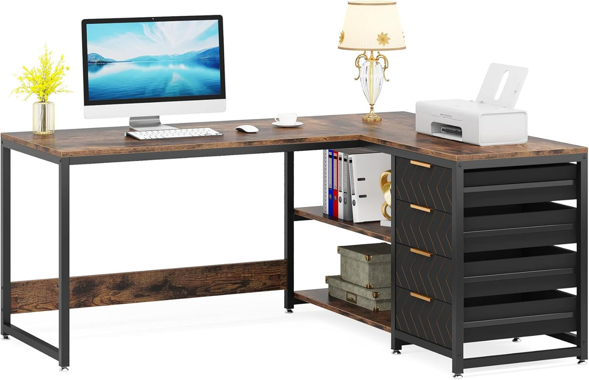 Tribesigns L-Shaped Computer Desk with Storage Drawers, 59 Inch Corner Desk with Shelves, Reversible L Shape Office Desk, Study Writing Desk, Home Office Workstation, Brown