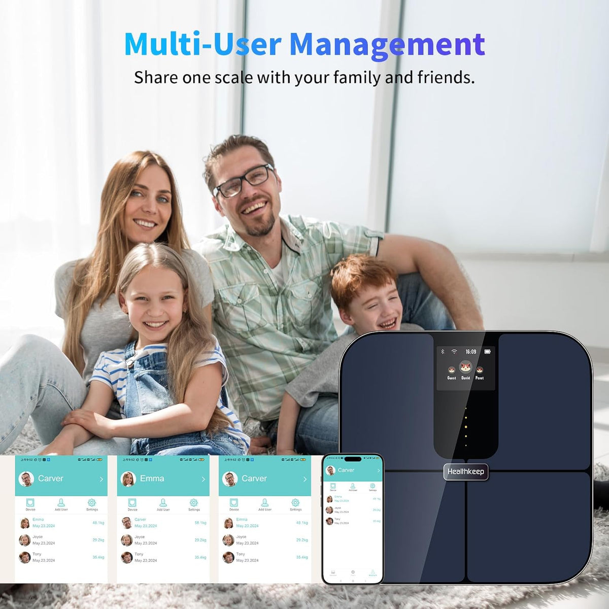 Healthkeep Personenweegschaal met Bluetooth, met TFT-kleurendisplay en ITO-technologie, 25 lichaamsgegevens met hartslag, app voor Andriod en iOS 180 kg/400 lb/28 st, blauw