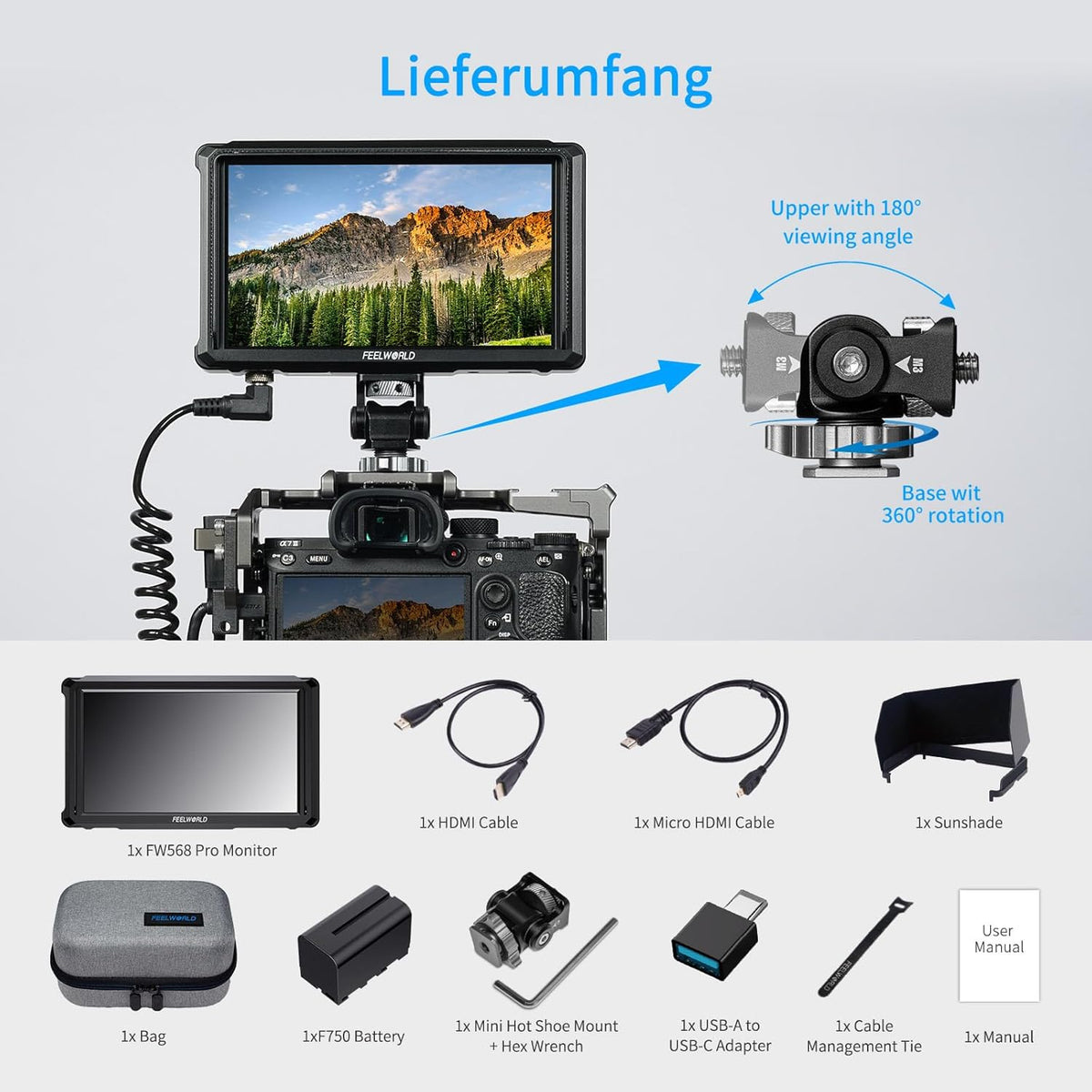 FEELWORLD FW568 PRO 6 Inch 1200Nit DSLR Camera Monitor met F750 Batterij 4400mAh en Tas,4K 60Hz HDMI2.0,3D LUTs,HDR Golfvorm,Peak Focus Video Assist,9:16 Marker,8.4V DC Ingang/Uitgang