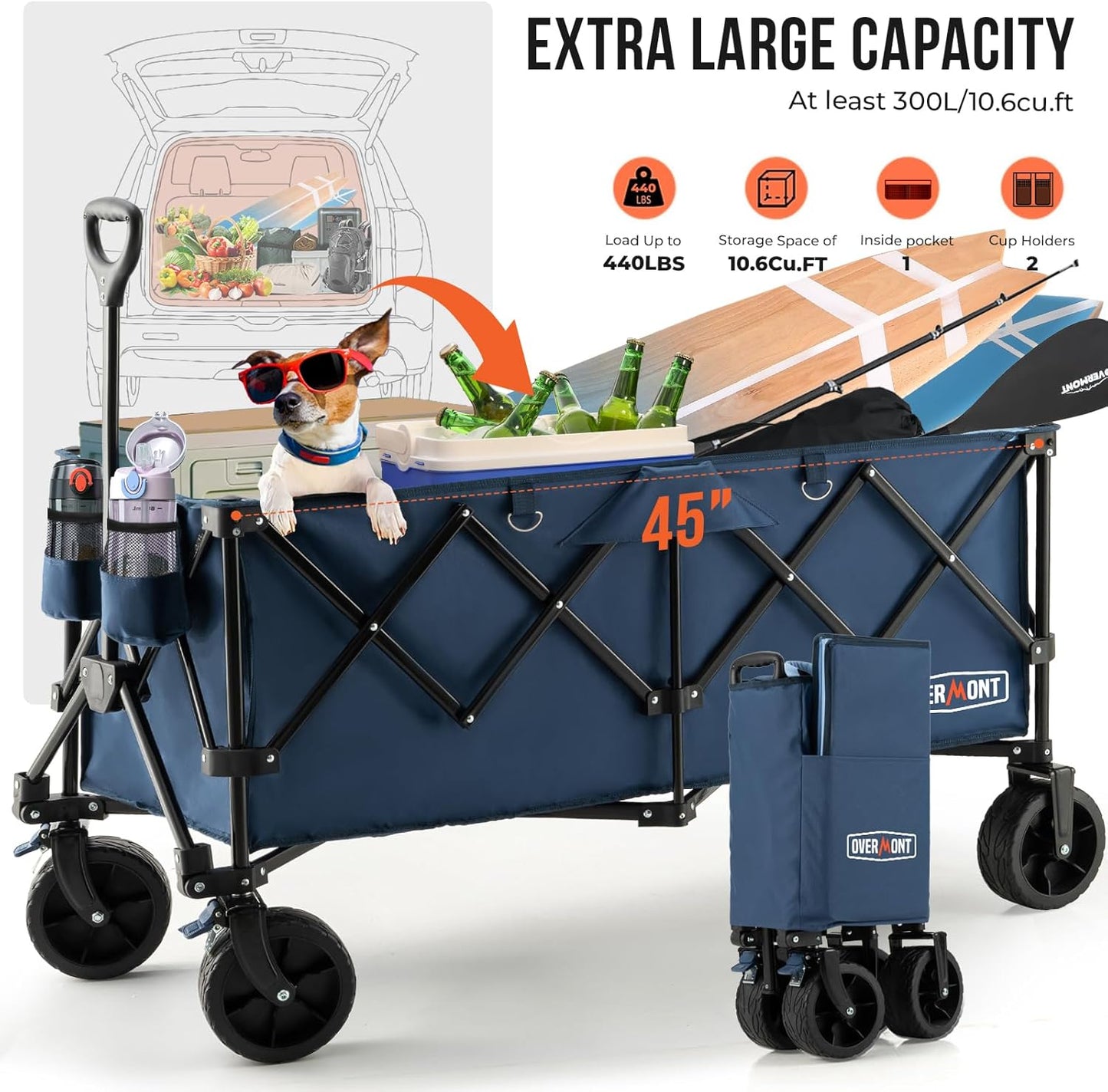 Overmont 300L Extra Grote Opvouwbare Festival Trolley Kar - All-Terrain Brede Wielen en Rem - Heavy Duty Kar Belastbaar 200KG - Met Verstelbare Handvat & Cover Tas - Wagon voor Strand Camping Tuin