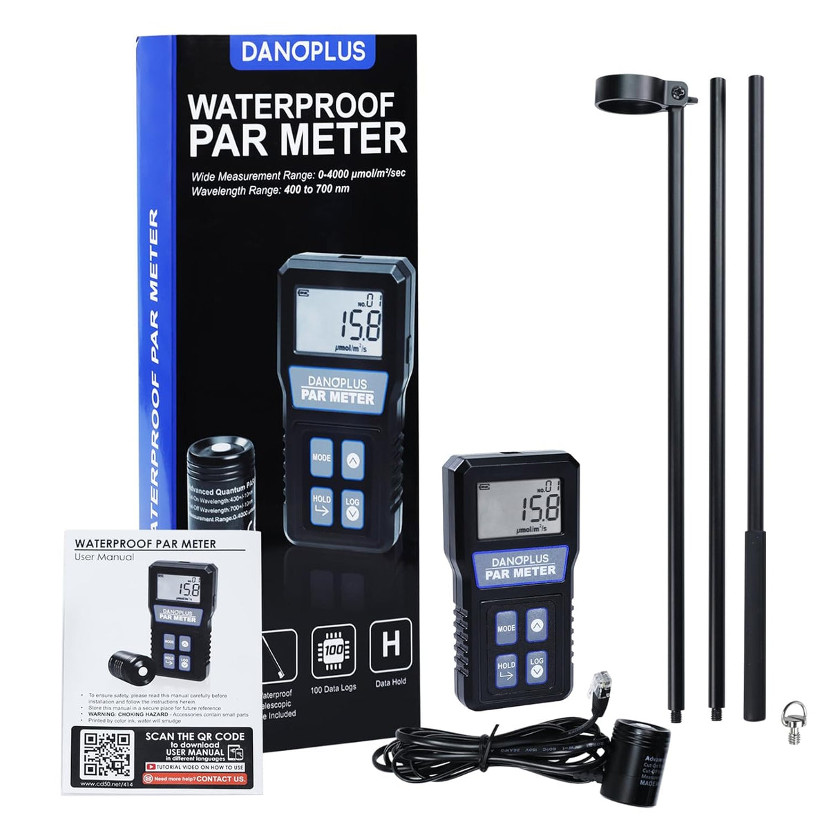 Quantum PAR Meter, Waterdichte PAR Meter voor Rif Tank Aquarium Planten IP68 Quantum Sensor Full-Spectrum PPFD Meter Data Logger, 79“ Kabel en 37” Stevige Telescopische Pool inbegrepen