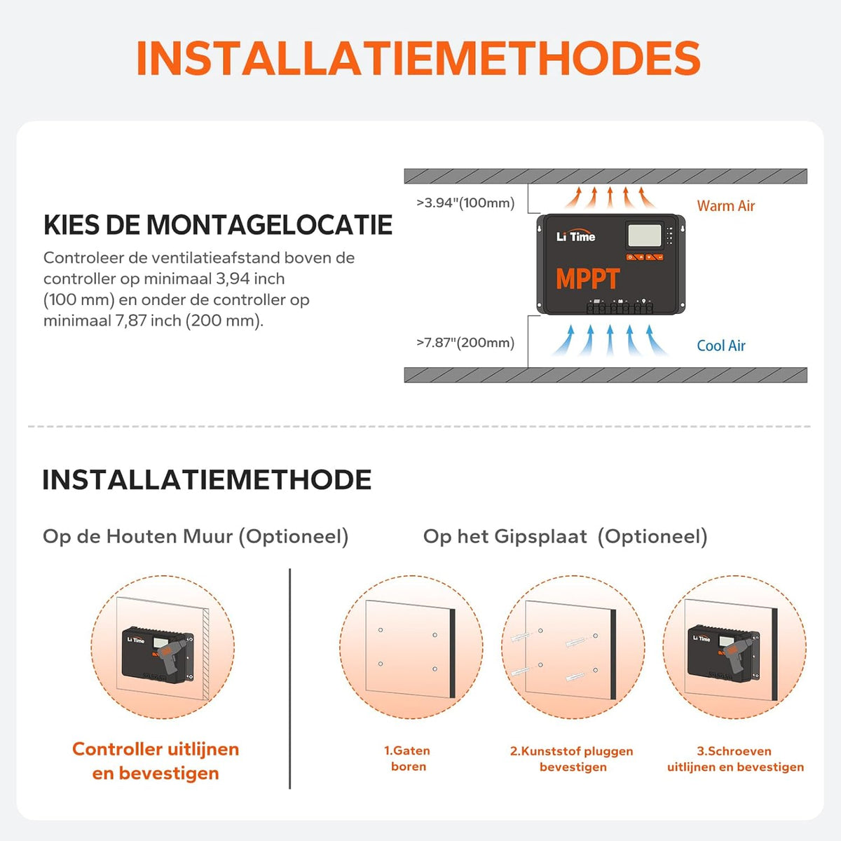 LiTime MPPT zonneregelaar, 60 A, 12 V/24 V/36 V/48 V, max. 3200 W, automatische DC-ingang met bluetooth-adapter, instelbaar lcd-display, led-indicatoren, voor lithiumbatterij