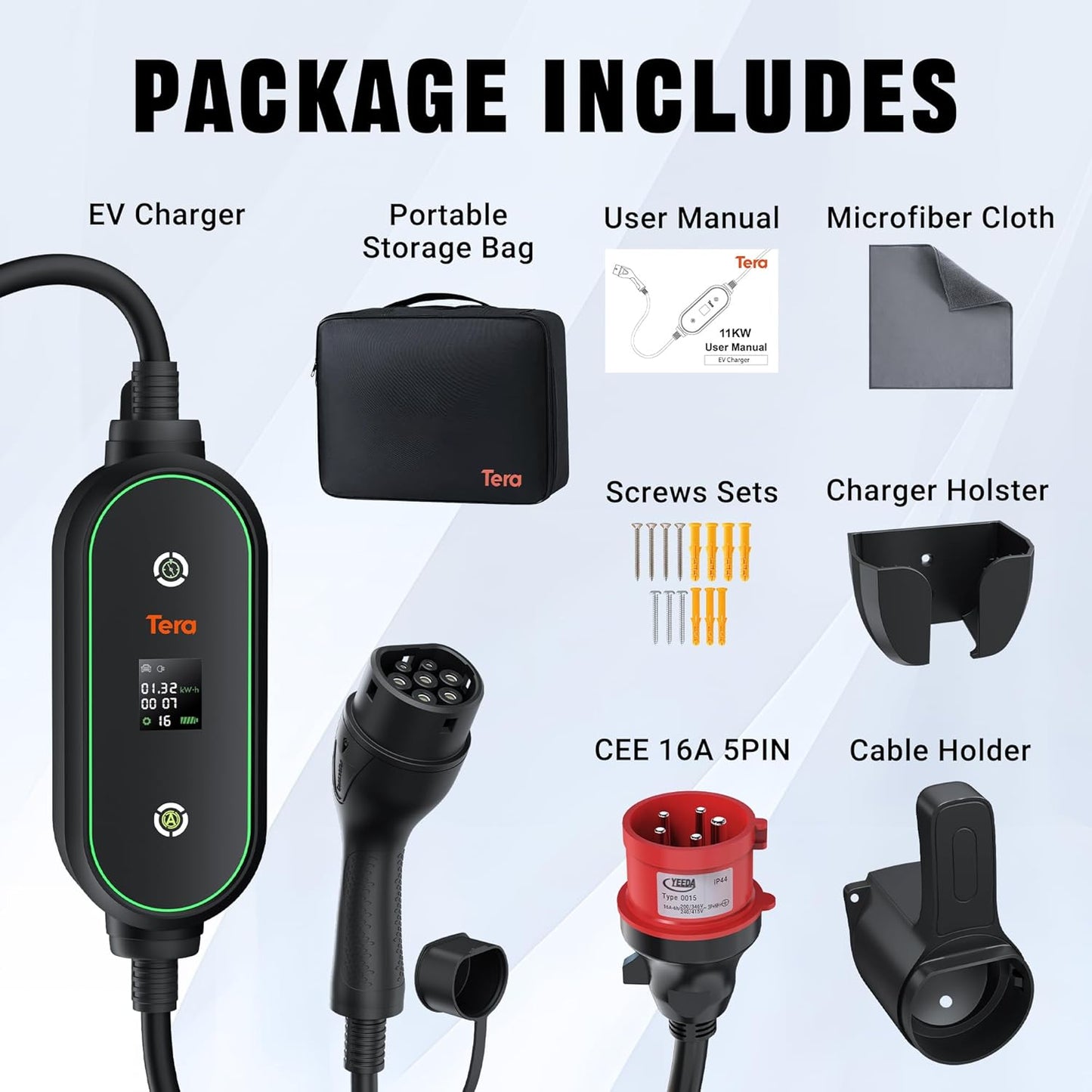 Tera Mobiele wandbox type 2 draagbaar: 11 kW 3 fasen 6-16 A 7,5 m CEE 5-pins EV-kabel oplader met vertraagd opladen en verstelbaar vermogen - autohouder