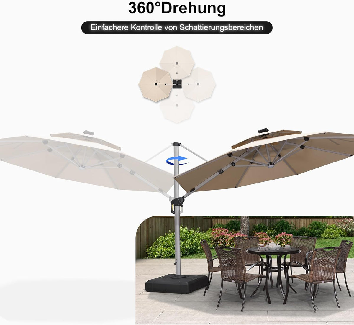 PURPLE LEAF Parasol met led-zonverlichting, zweefparasol, Ø 330 cm, marktscherm, groot, 360 graden rotatie, tuinscherm met zwengel, balkonscherm XXL, zonwering UV50+, beige