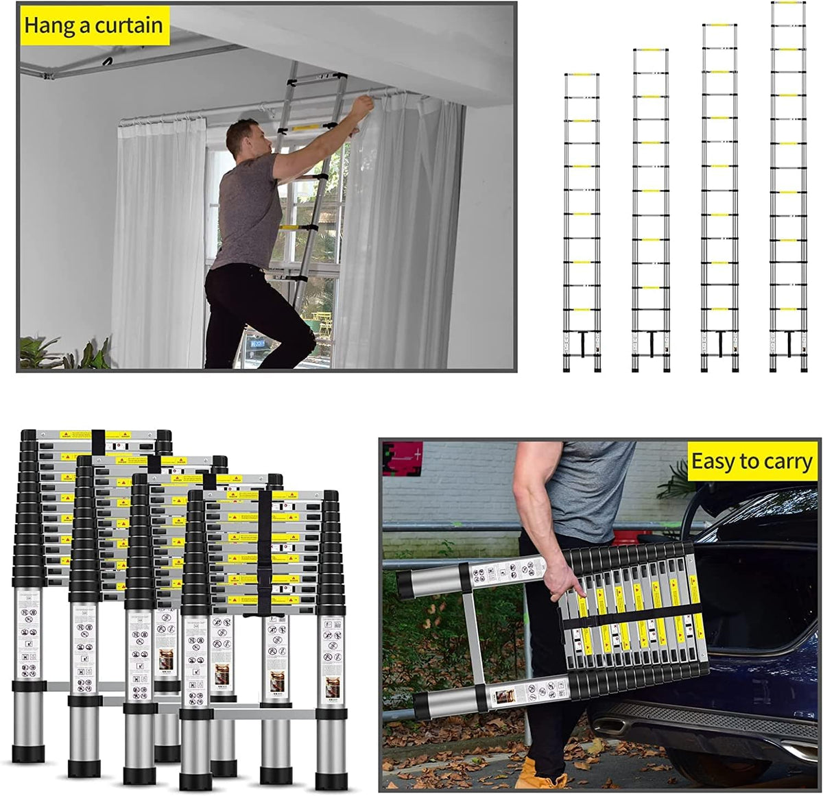 BOWEITI 15,5 ft telescopische ladder, draagbare aluminium verlengladder met stabilisatoren, lichtgewicht, compacte telescopische ladder 330 lb-capaciteit, uitbreidingsladder voor thuis, buiten (15,5