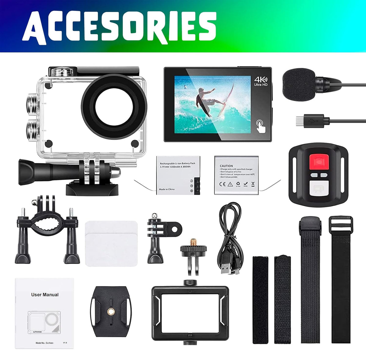 E-A-F Action Cam, 4K 30fps Ultra HD, 40m 100ft waterdichte onderwatercamera, wifi, 170° ultragroothoek, afstandsbediening, 2 accu's en helmaccessoire-kit