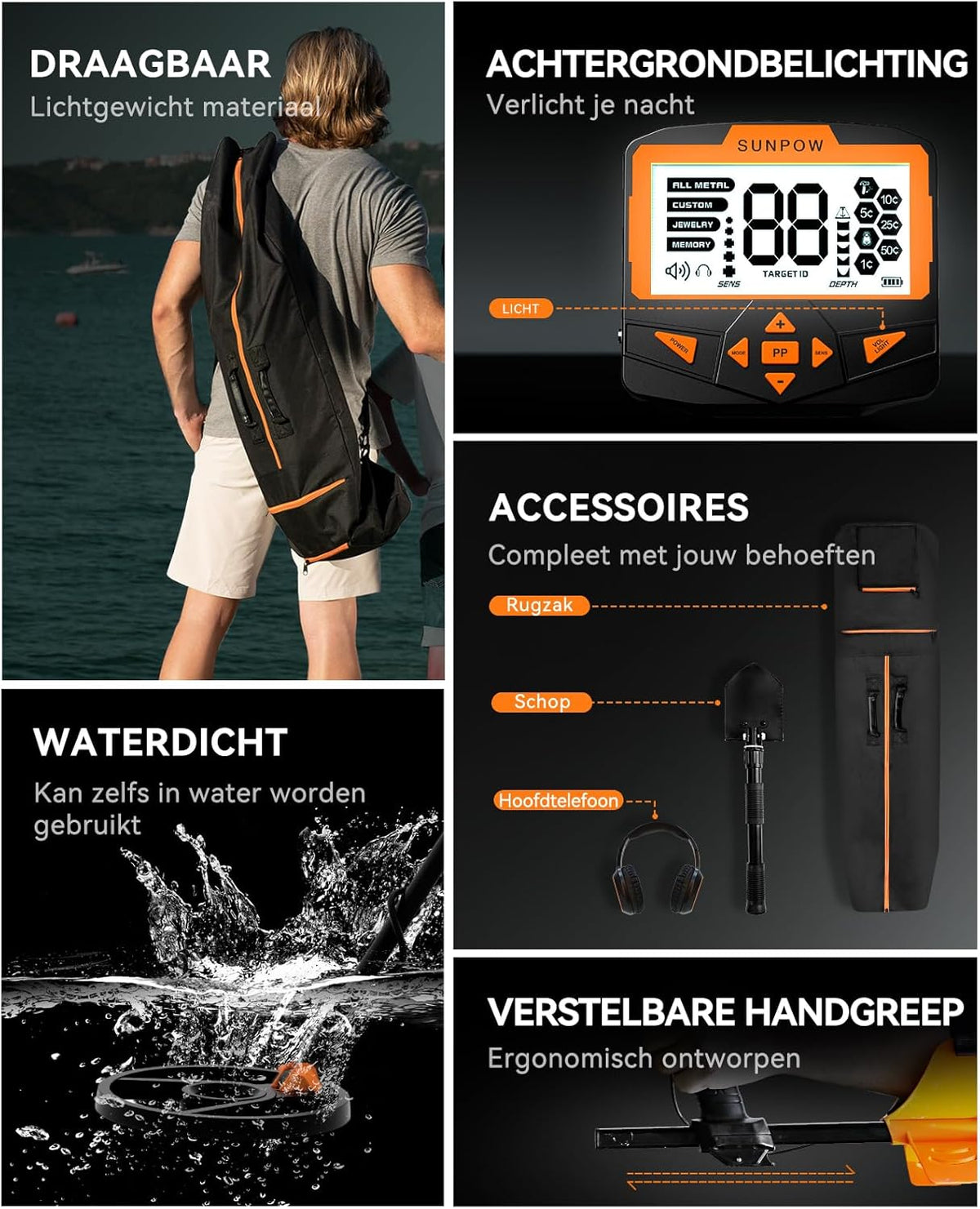SUNPOW Metaaldetectorset Voor Volwassenen en Kinderen, Multifunctionele Professionele Detector met Pinpointermodus, IP68 Waterdicht, Sterke Anti-interferentie, Geavanceerde DSP-chip