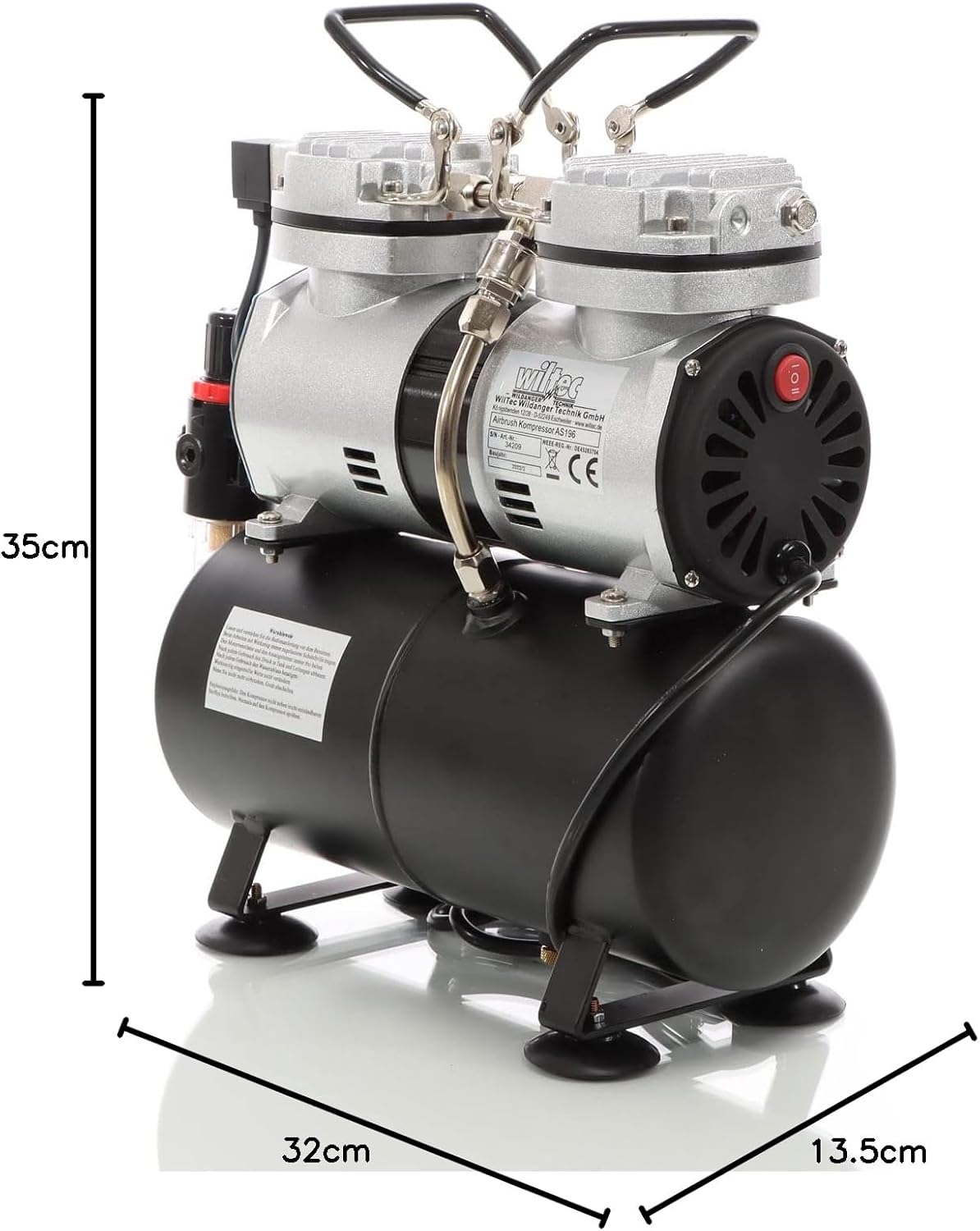 Wiltec airbrush compressor AS196 met luchttank 2-cilinder zuiger 6 bar automatische uitschakelfunctie