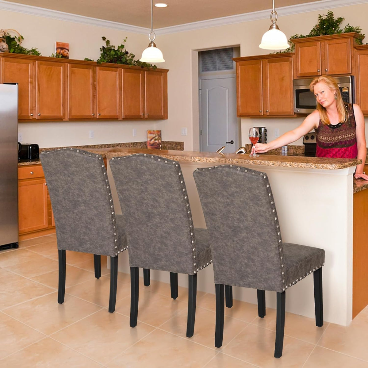 ALPHA HOME Dining Chairs Set of 4, Upholstered Kitchen Chair, Dining Chairs, Tufted Kitchen Chairs with Solid Wood Legs and High Backrest, Faux Leather Padded Parson Chairs, Grey