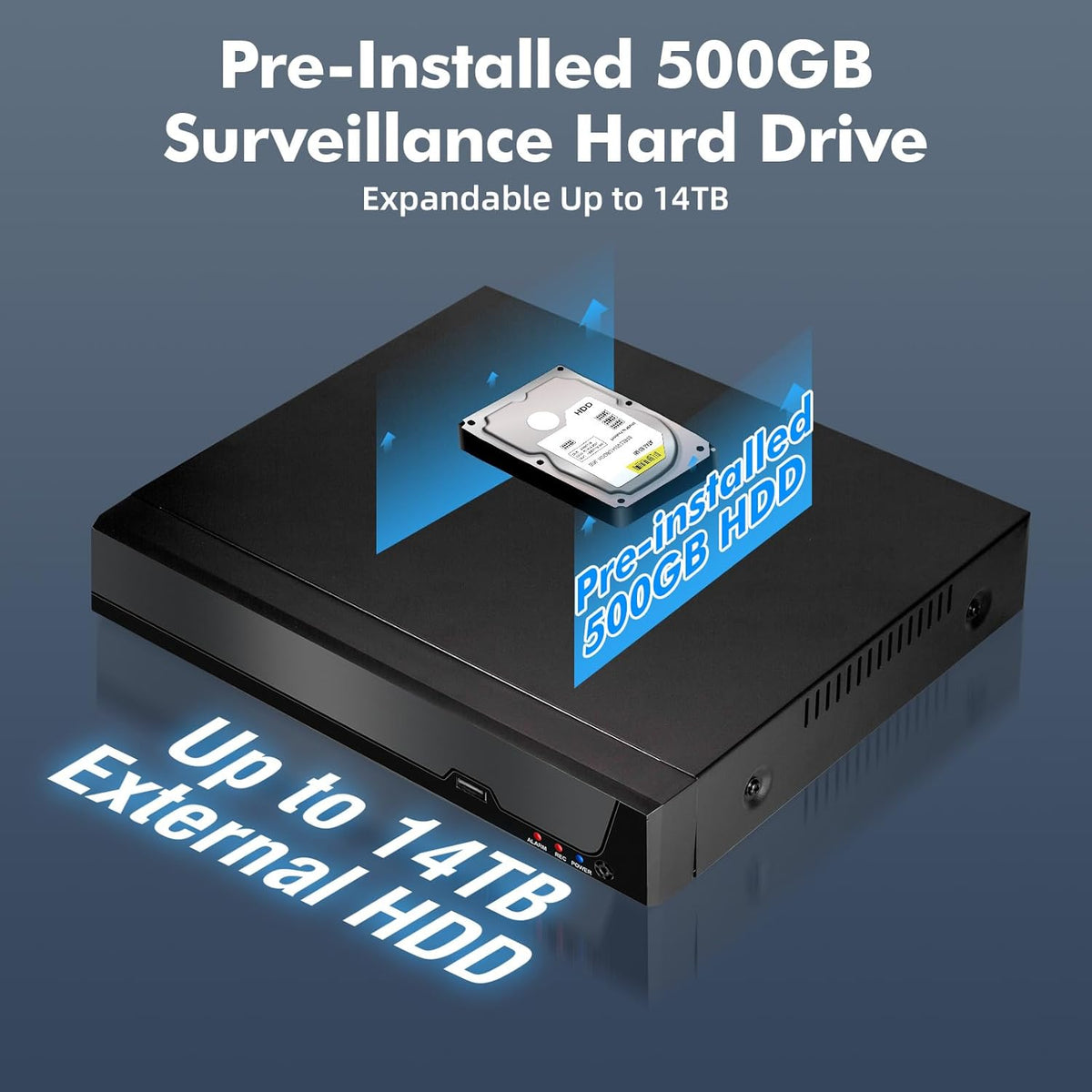 4-kanaals CCTV bewakingsDVR met 500 GB HDD, 4 Ch 5MP H.265+ DVR video-recorder voor analoge XVI AHD TVI IP-camera's, DVR voor beveiligingscamera-bewakingssysteem voor thuis, mobiele app en pc (systeem