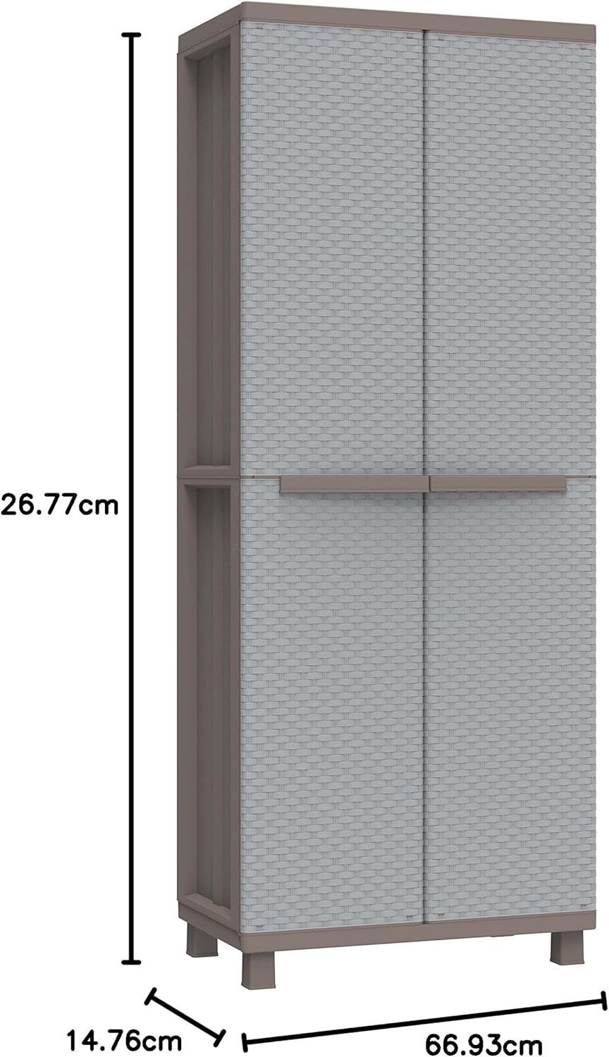 Terry, Jrattan 368 Upholstery Cabinet with Two Doors in Rattan Look, Inner Shelf with 4 Shelves, for Indoor and Outdoor Use, Pigeon Grey - 68 x 37.5 x 170 cm - QUORE