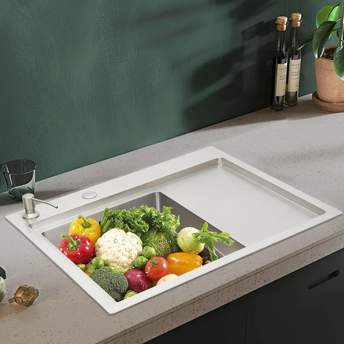 Stainless Steel Kitchen Sink, Built-in Sink Set with Soap Dispenser and Drainer Basket, Drainage Set, Sink, Sink, Basin, Modern Rectangular, Silver, 63 x 50 cm - QUORE