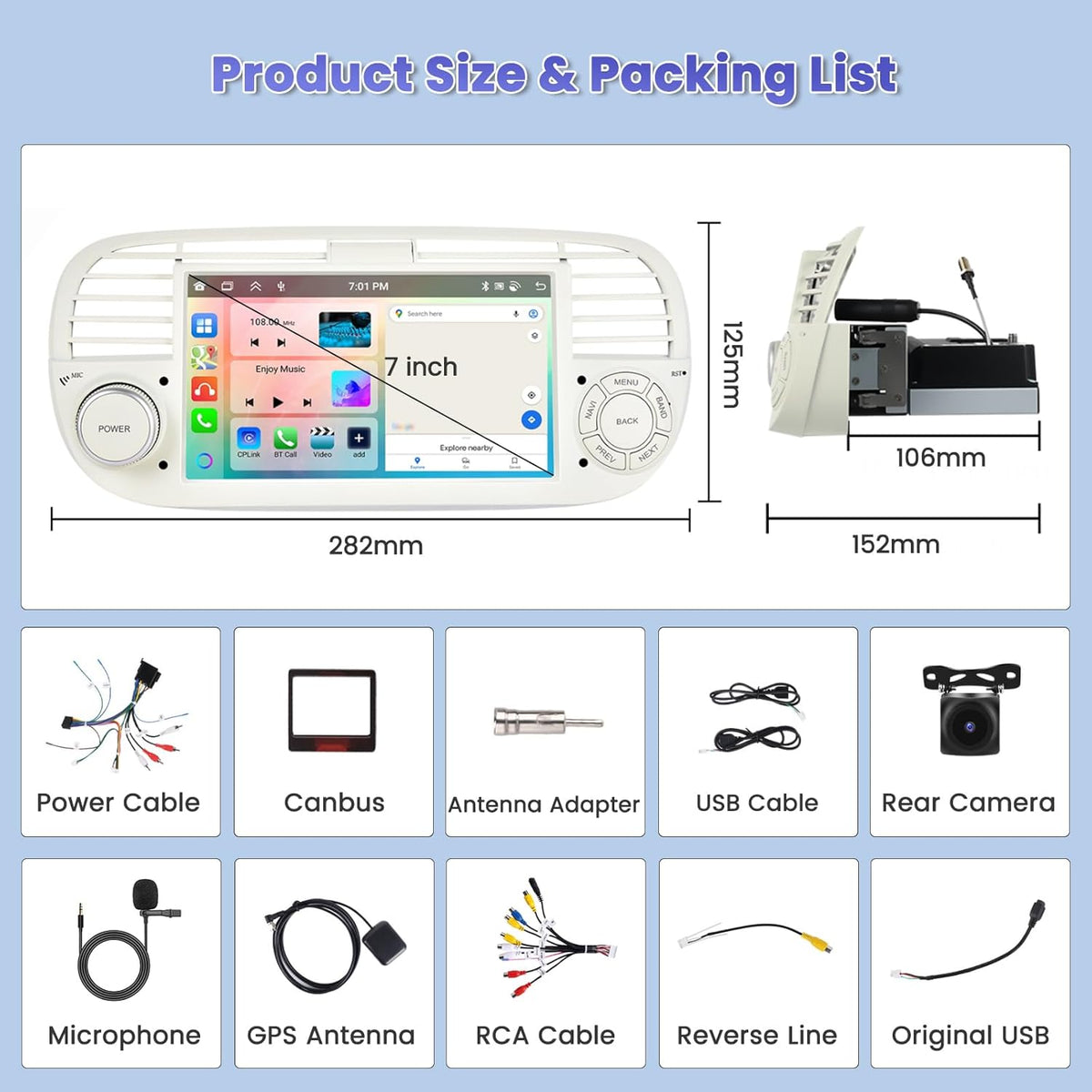 8 Noyau/4G+64G/DSP Autoradio Android pour Fiat 500 2007-2015 Blanc avec CarPlay Android Auto Sans Fil, 7" écran Tactile avec BT GPS WiFi RDS FM USB 59UI+Caméra de Recul+MIC