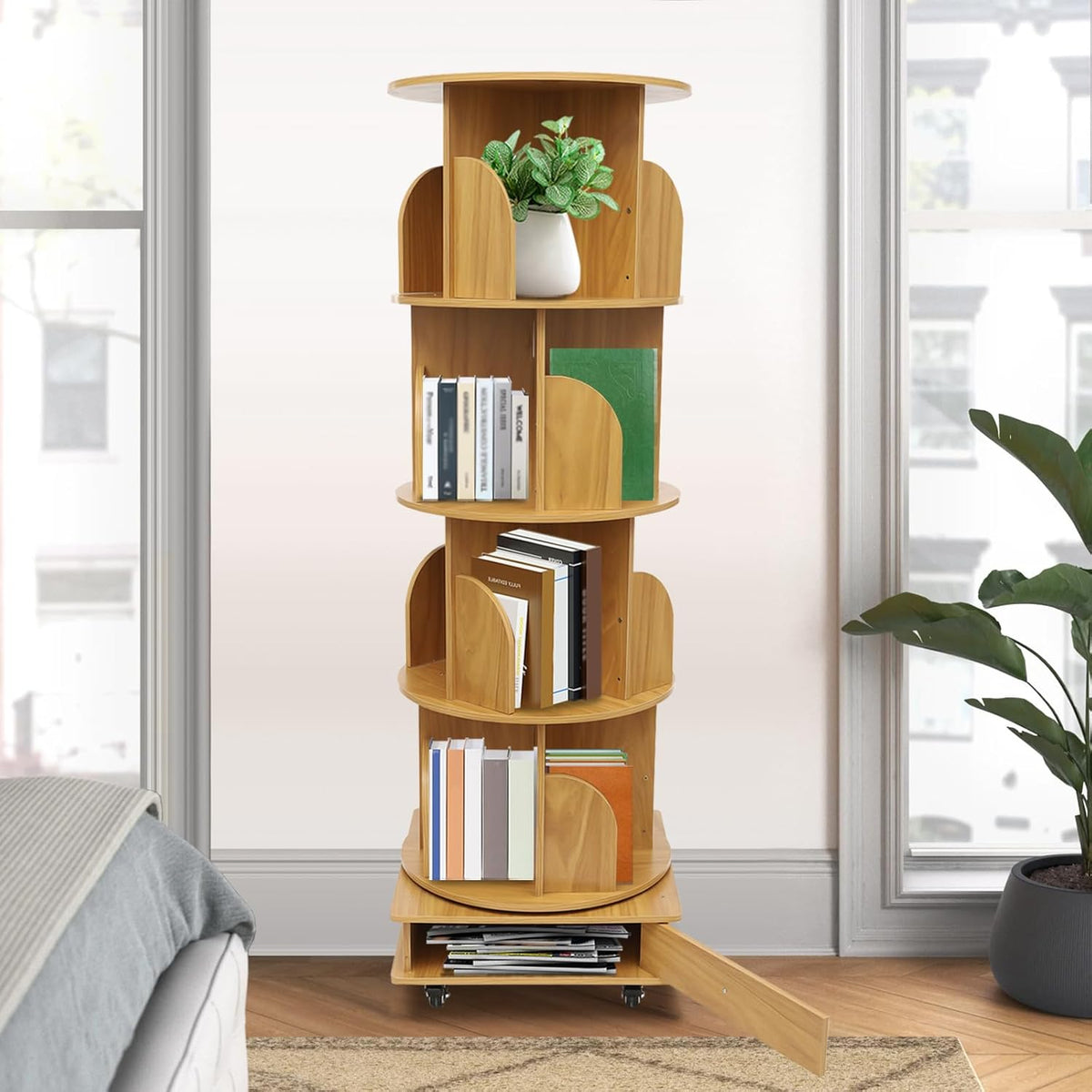 Bookcase, 4 levels, 16 compartments, swivel, free-standing, bookkeeper with universal wheels for storing a variety of books, magazines, craft decorations, CDs, etc. (original - QUORE