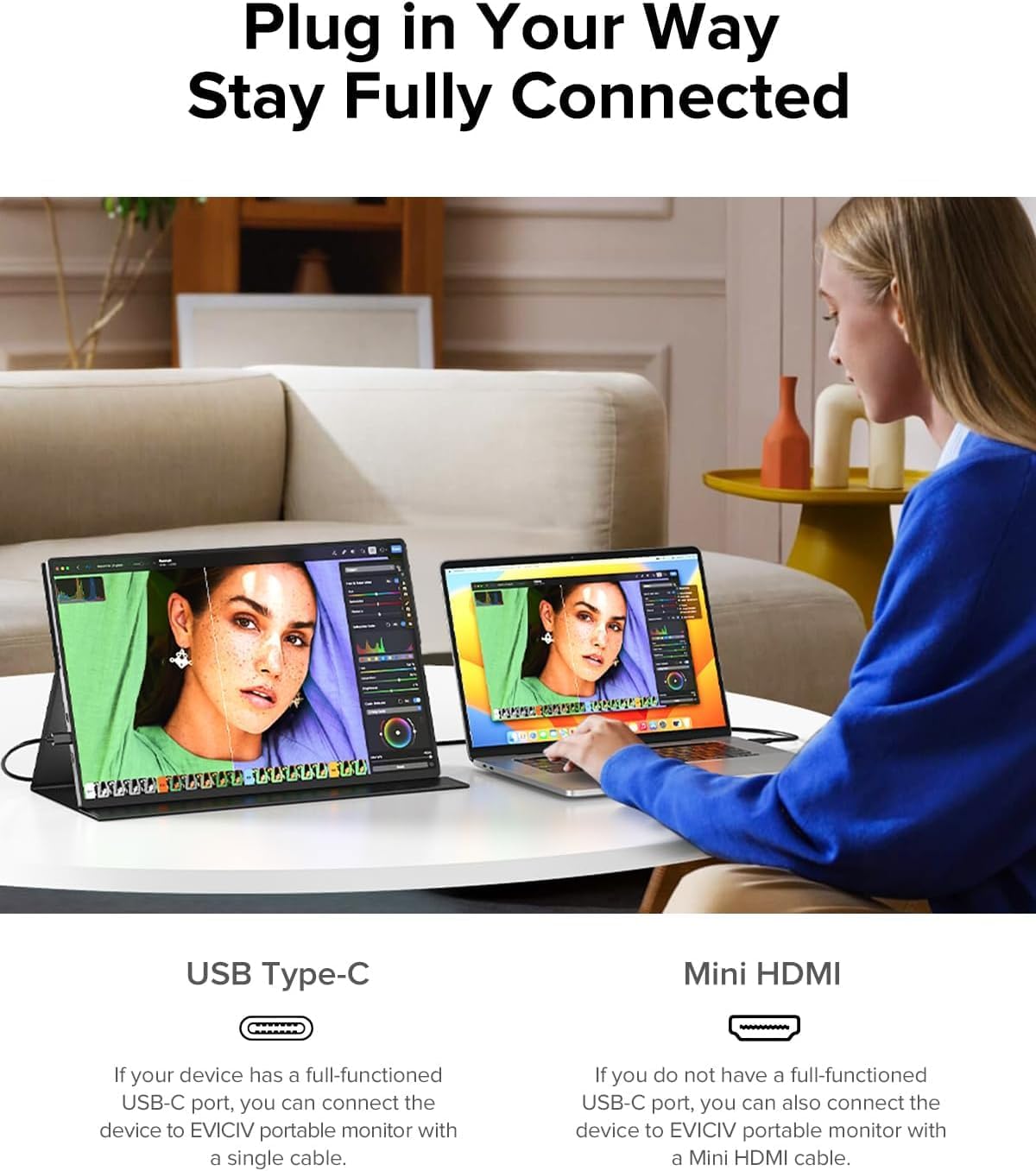 EVICIV Portable Monitor 16 Inch 4K 1200 Nits UHD 3840x2400 2000:1 125% sRGB USB-C HDMI, VESA Compatible with Case, Portable Monitor Suitable for Outdoors Compatible with Laptop, Phone, Console - QUORE
