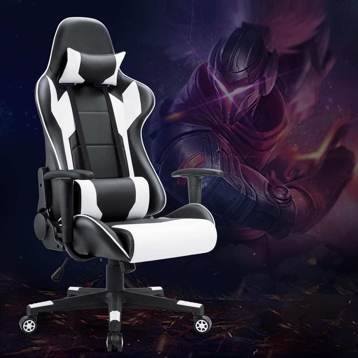 Homall Gamingstoel, bureaustoel, draaibare racestoel, computerstoel, pc-gamerstoel, ergonomisch ontwerp, zwaar belastbare stoel, hoge rugleuning ligstoel met kussen en rugsteun (wit)