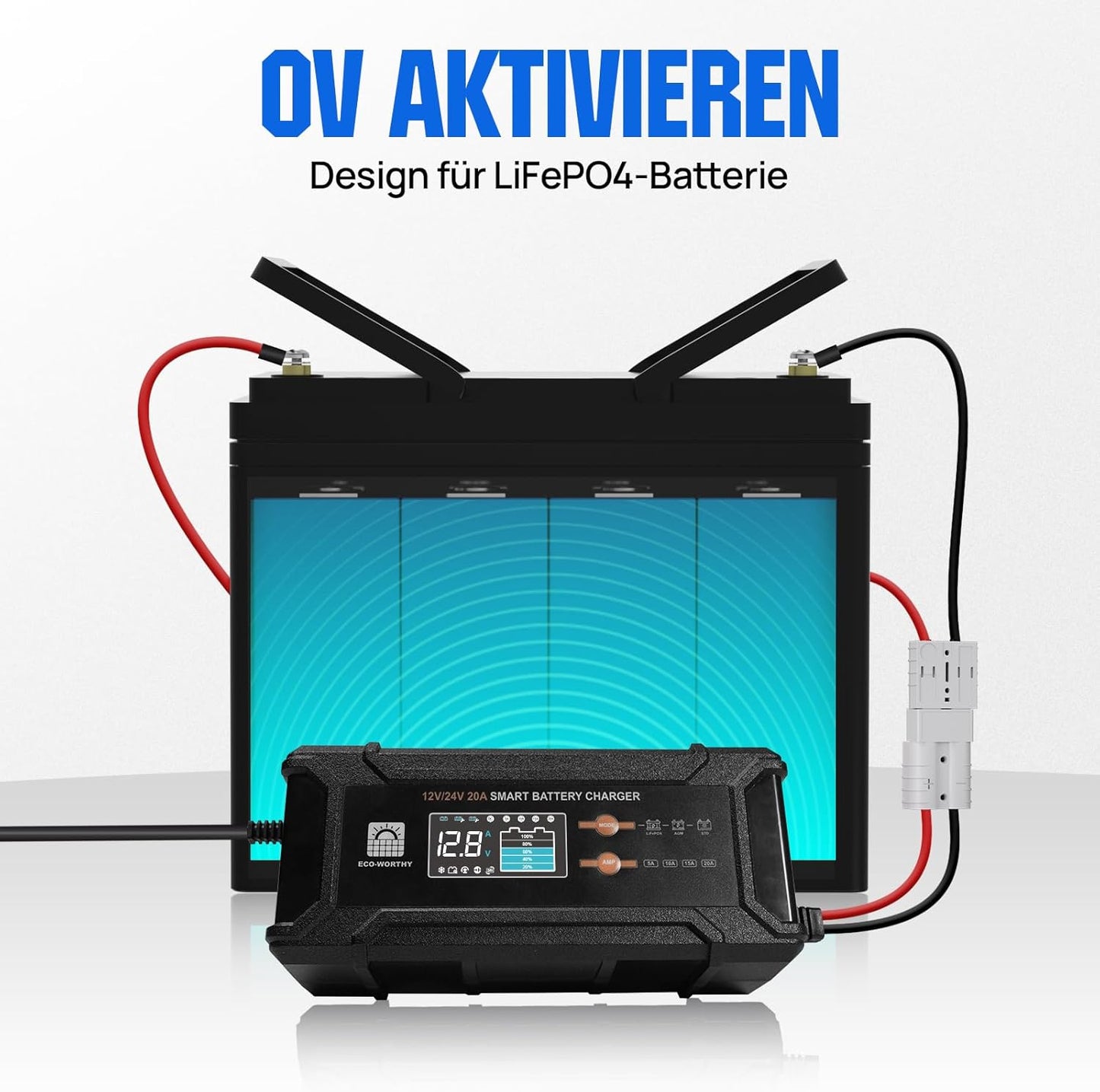 ECO-WORTHY LiFePO4 Bluetooth 12V 280Ah with 12/24V 20A Charger, Lithium Battery 12V 280Ah with 200A BMS Low-Temp Protection and Max 15000 Cycles for Motorhome, Caravan, Boat - QUORE