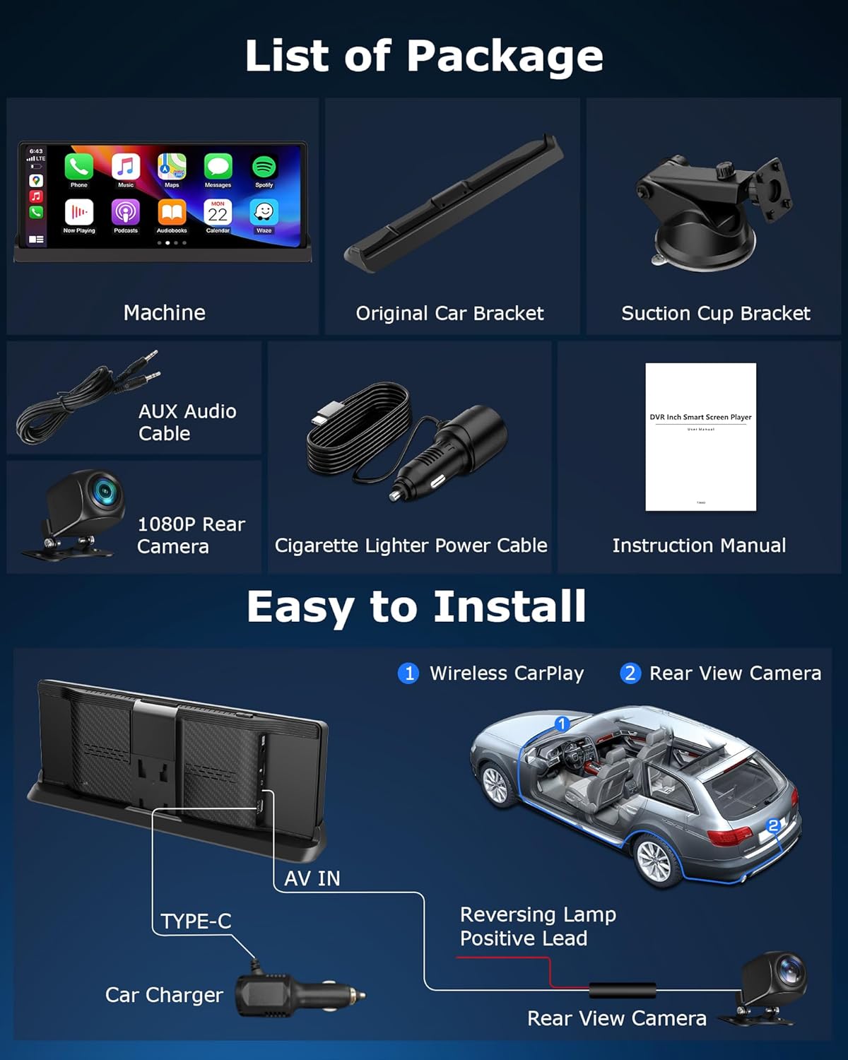 【4-in-1】Carplay Android Auto Scherm voor in de Auto met YouTube/Netflix/Tiktok, Exclusieve Houder 10,26 inch Carplay-scherm Car Play Autoradio met Achteruitrijcamera Dual-band WLAN, Bluetooth