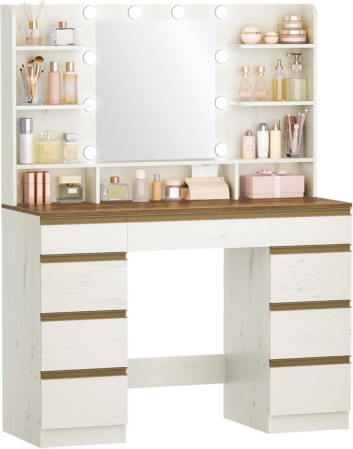 Hzuaneri Large Dressing Table with LED Lighting, 10 LED Light Globes, 3 Colours, Adjustable Brightness, Dressing Table with Mirror, 9 Drawers, 9 Open Shelves, Modern Style, White-Brown DT35714X