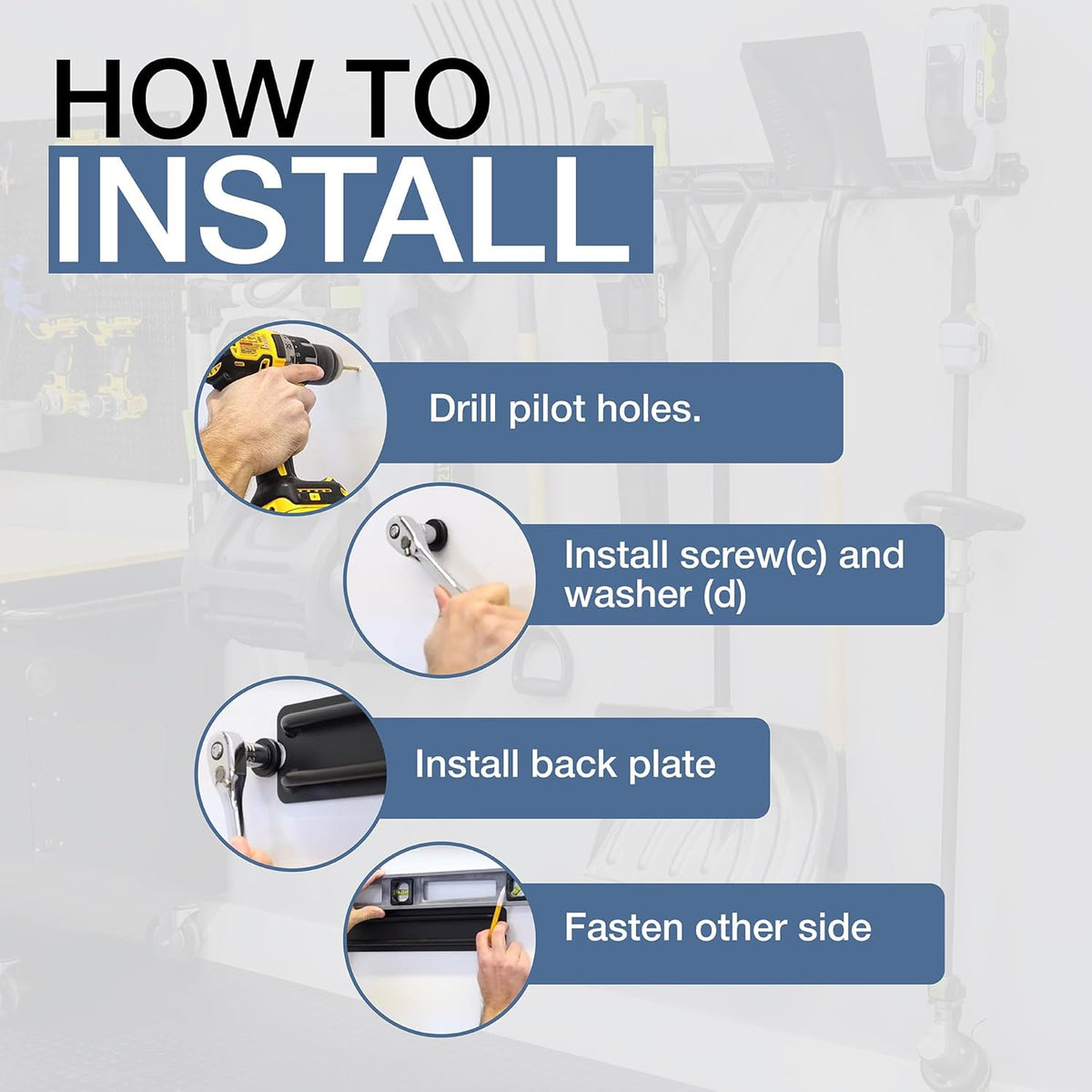 StoreYourBoard BLAT modulair gereedschapsrek, 4-pack verstelbaar garageopslagsysteem en binnenorganizer, zwaar staal houdt schoppen harken bezems dweilen stoelen onkruideter tuinslang en meer