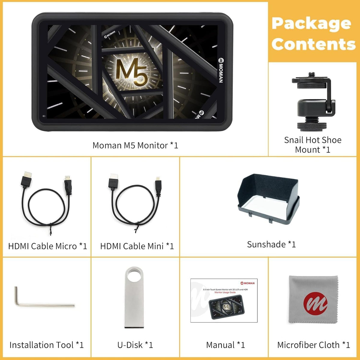 Op Camera Field Monitor 5.5 inch, MOMAN M5 Touchscreen DSLR Monitor 500 nits 1920 * 1080 Full HD met 3D LUTs/HDR/4K HDMI Input Output voor DSLR Spiegelloze Camera's Gimbal Stabilizer Canon Sony Nikon