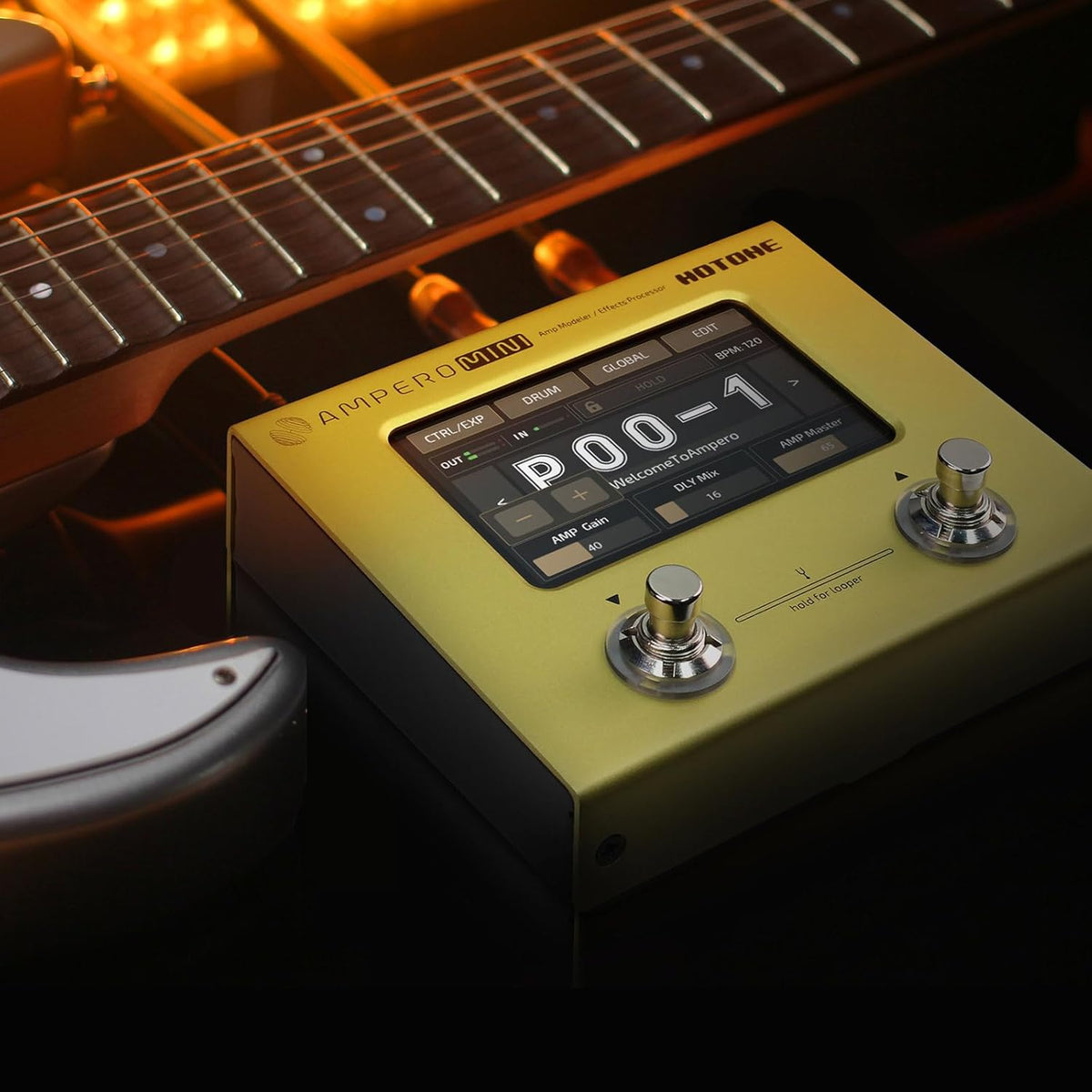 Hotone Gitaar bas multi-effecten processor touchscreen gitaar bas ampp modellering IR cabinets simulatie multi-taal stereo OTG USB audio interface Ampero Mini (Mustard)