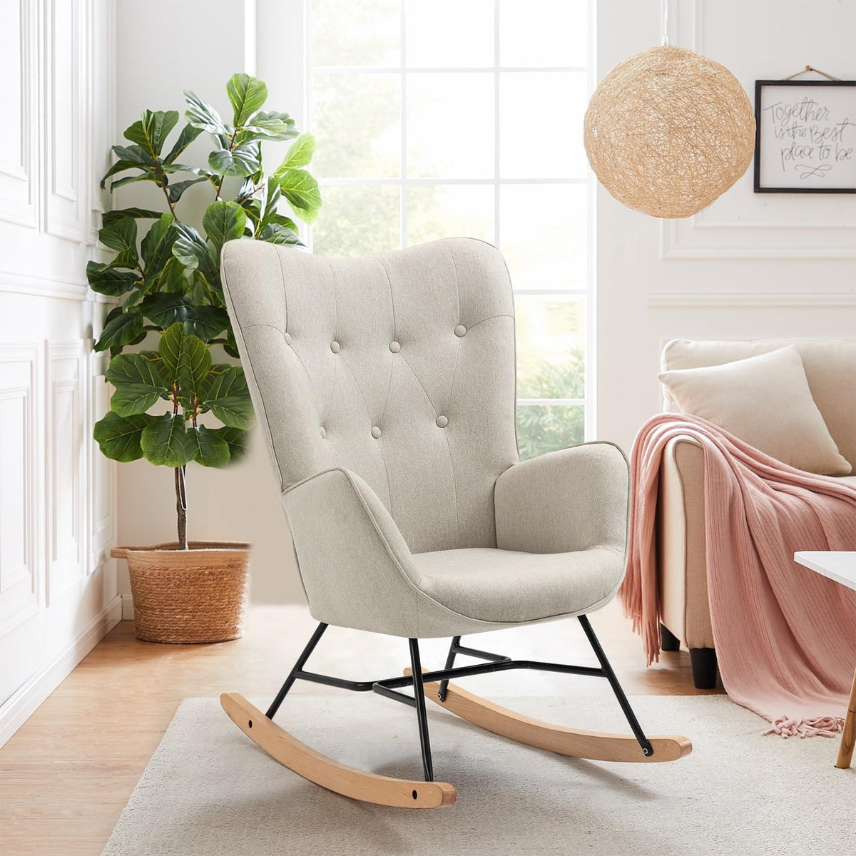 Schommelstoel – Relaxstoel – Fauteuil – Voedingsstoel – Schommelstoel Babykamer – Scandinavisch Design – Met Armleuningen – Met Metalen Frame en Houten Onderstel – Grijs – 66x84x97 cm